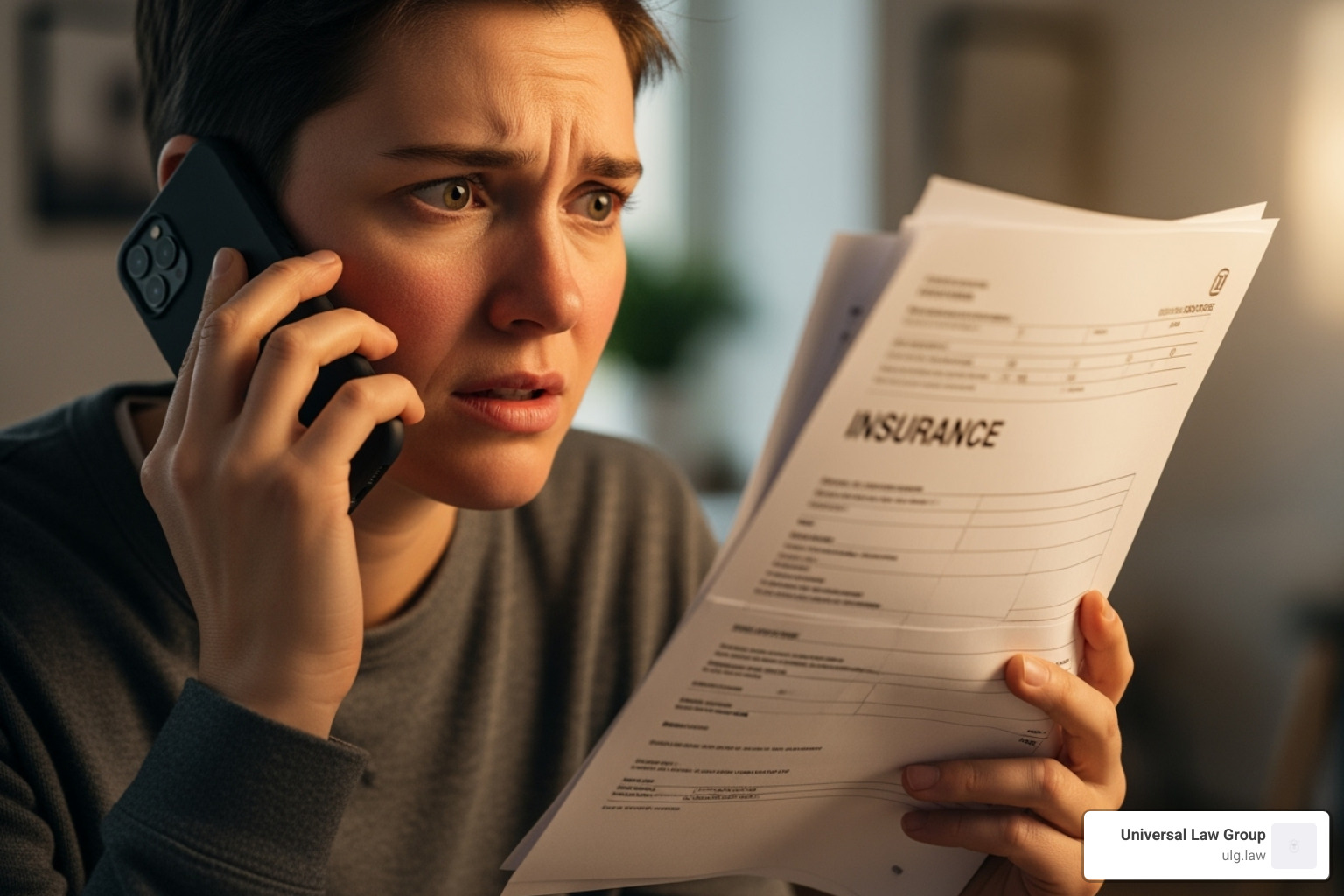 of a person on the phone looking stressed, holding insurance papers - Car accident settlement Texas