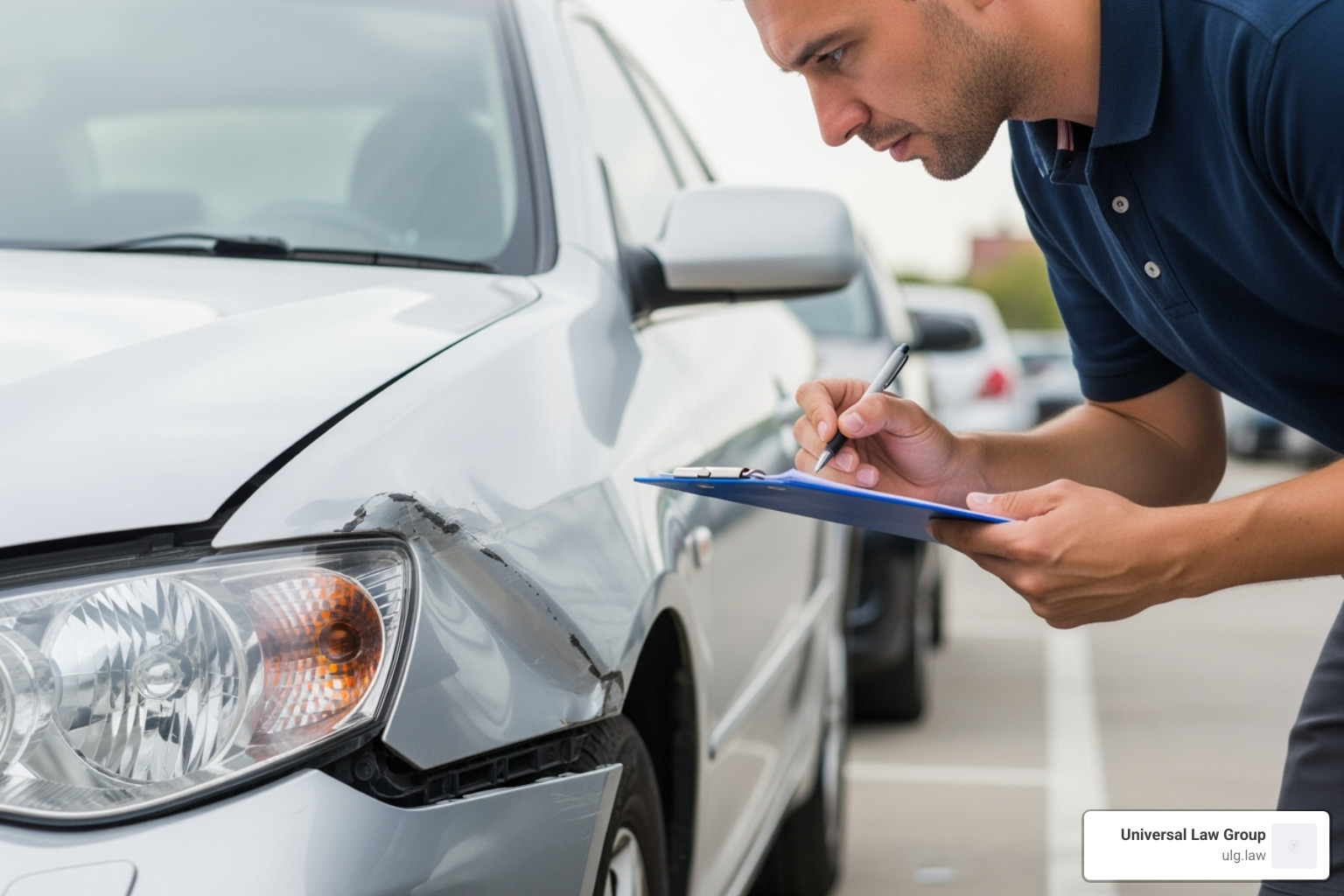 Image of a person inspecting car damage with a clipboard - diminished value texas