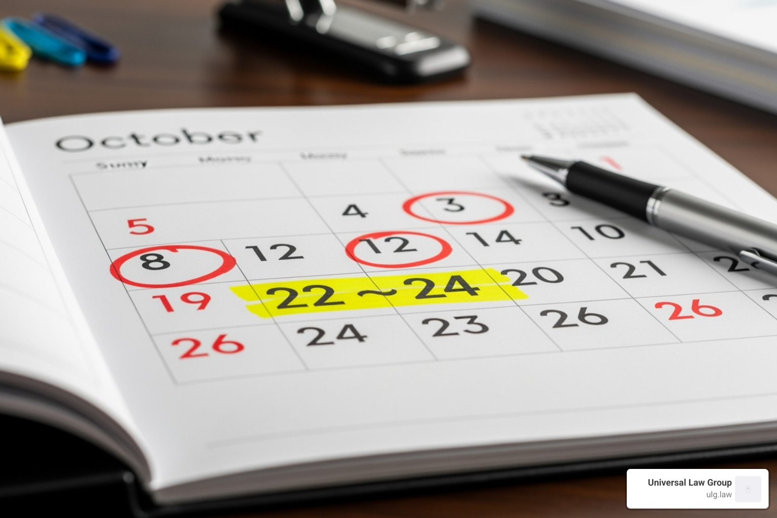 A calendar with specific dates highlighted indicating a paused or extended legal deadline - how long after car accident can you claim injury texas