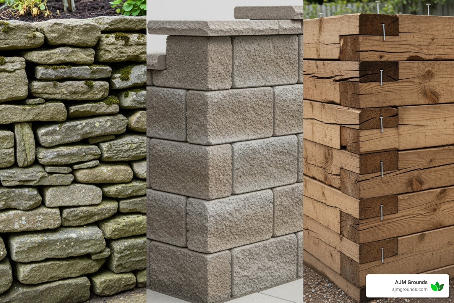 Various retaining wall materials including natural stone, concrete blocks, and timber - Retaining Wall Installer