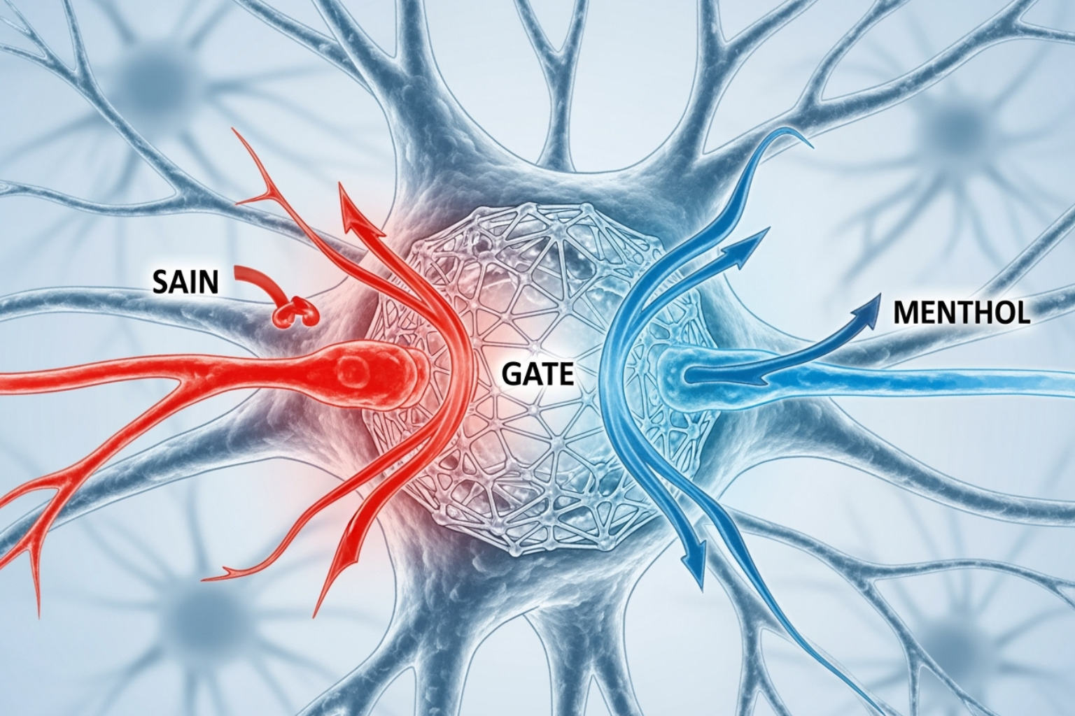 Diagram illustrating the pain gate theory with menthol's cooling signal overriding a pain signal - How does menthol work? Diagram illustrating the pain gate theory with menthol's cooling signal overriding a pain signal - How does menthol work?