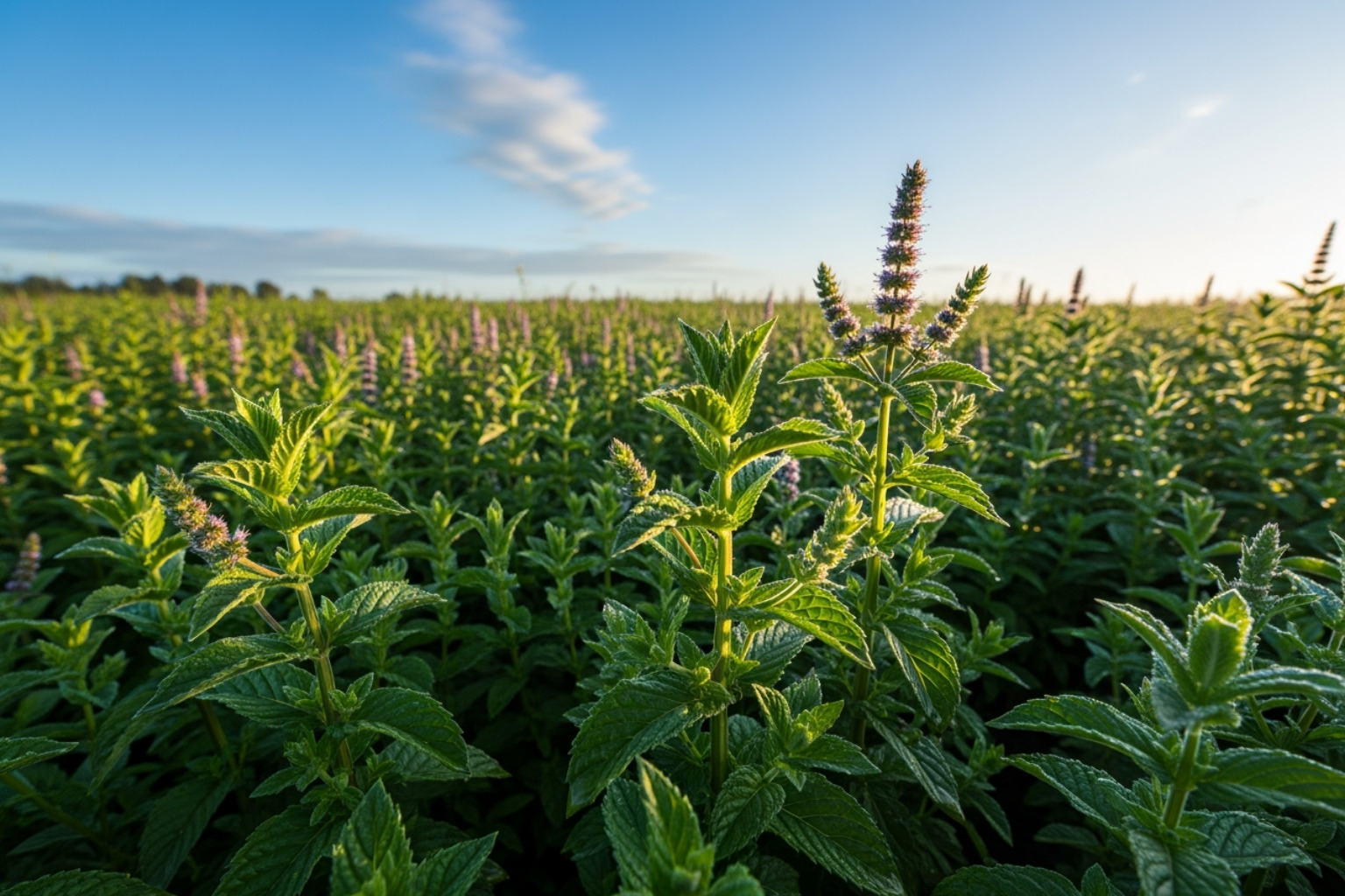 Lush green field of peppermint plants under a clear sky - How does menthol work? Lush green field of peppermint plants under a clear sky - How does menthol work?