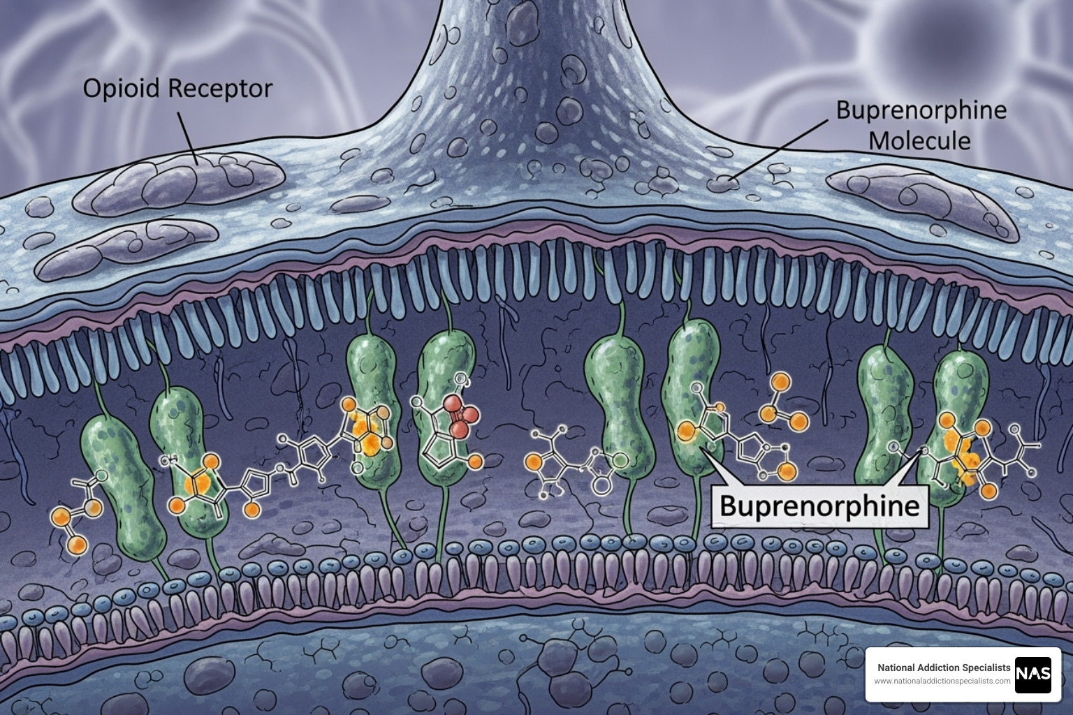Brain diagram showing opioid receptor activity and how buprenorphine interacts with them - Suboxone doctors near