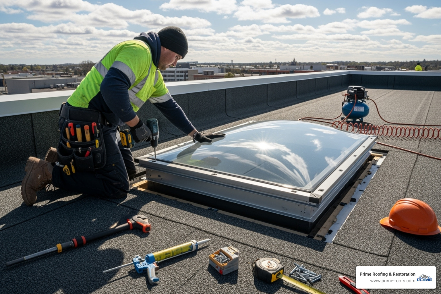 Professional roofer installing new commercial skylight - commercial skylight replacement