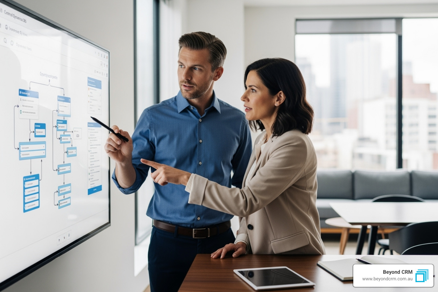 A Beyond CRM consultant planning a custom Dynamics 365 workflow with a client, highlighting our custom approach - Dynamics 365 marketing CRM