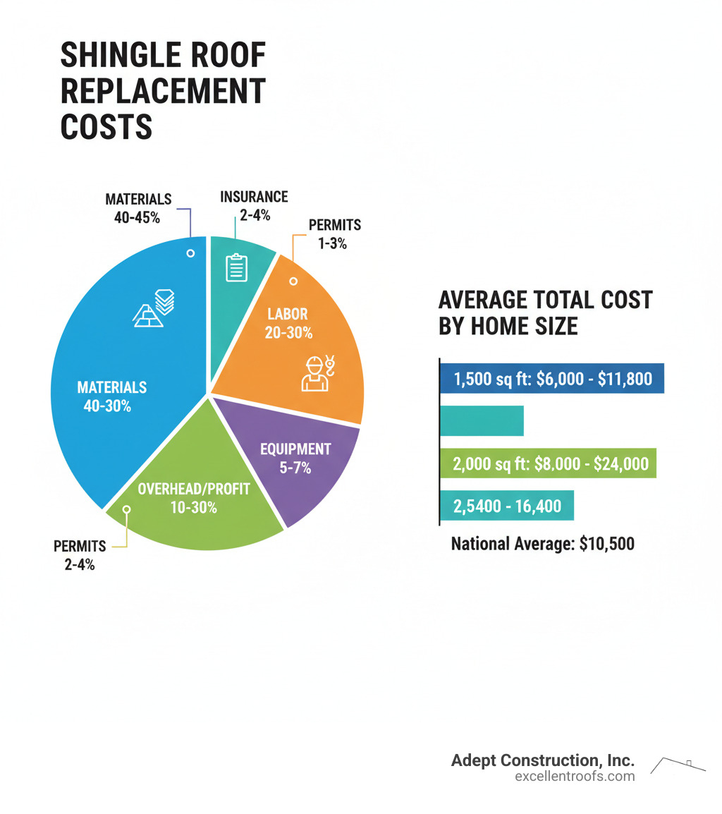 Detailed breakdown of shingle roof replacement costs showing percentages for materials (40-45%), labor (20-30%), permits (1-3%), insurance (2-4%), equipment (5-7%), and overhead/profit (10-30%) with average total cost ranges by home size - cost of shingle roof infographic  Detailed breakdown of shingle roof replacement costs showing percentages for materials (40-45%), labor (20-30%), permits (1-3%), insurance (2-4%), equipment (5-7%), and overhead/profit (10-30%) with average total cost ranges by home size - cost of shingle roof infographic