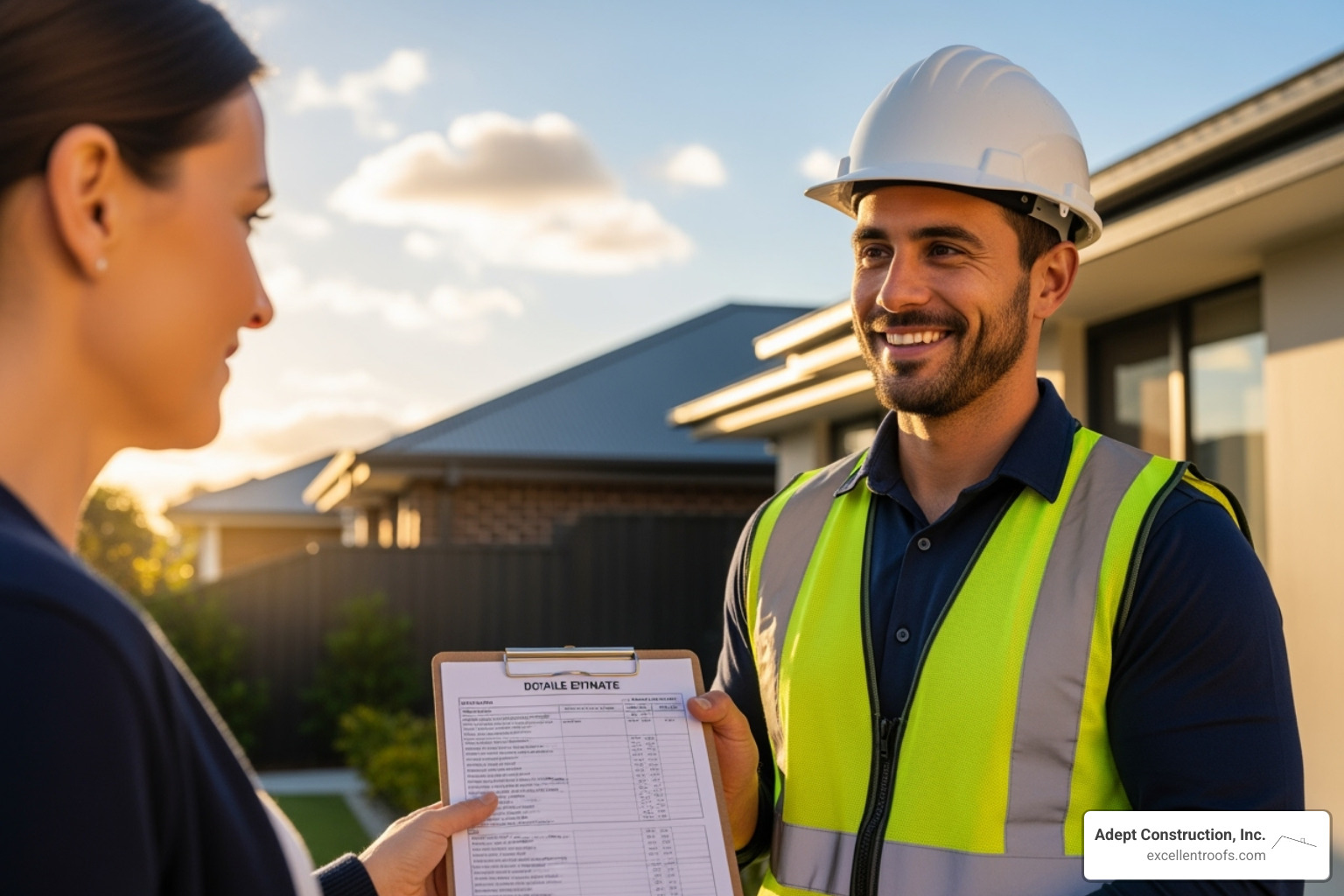 A friendly Adept Construction team member smiling while handing a homeowner a detailed estimate for their new roof - cost of shingle roof A friendly Adept Construction team member smiling while handing a homeowner a detailed estimate for their new roof - cost of shingle roof
