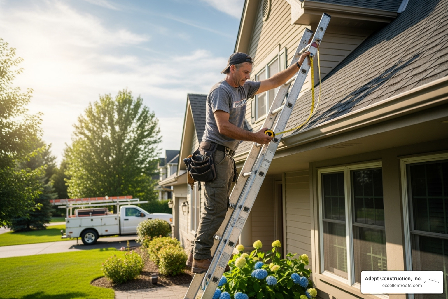 A roofing contractor on a ladder measuring a residential roof with a tape measure - cost of shingle roof A roofing contractor on a ladder measuring a residential roof with a tape measure - cost of shingle roof