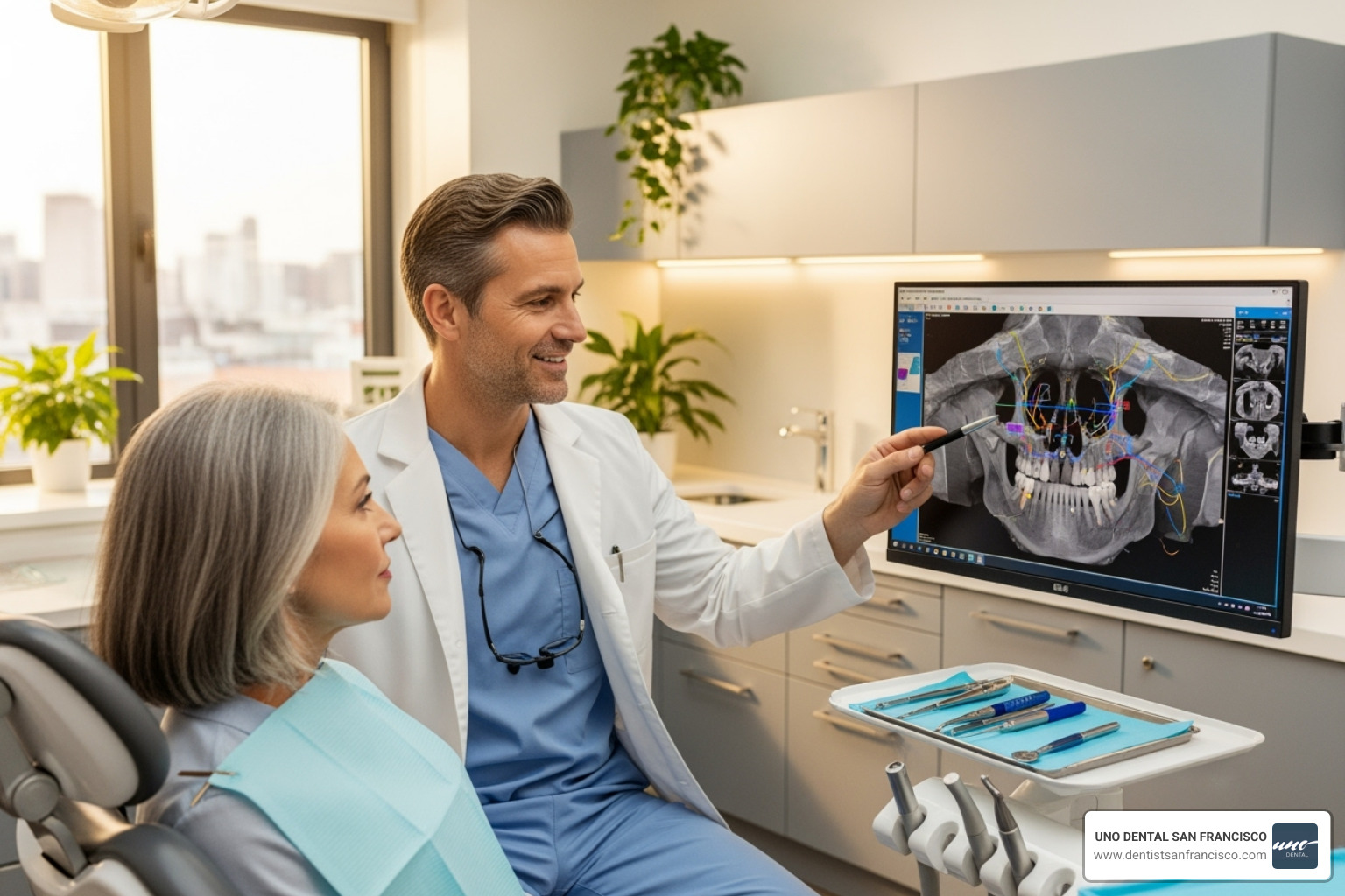dentist explaining 3D CBCT scan - dentist that does implants