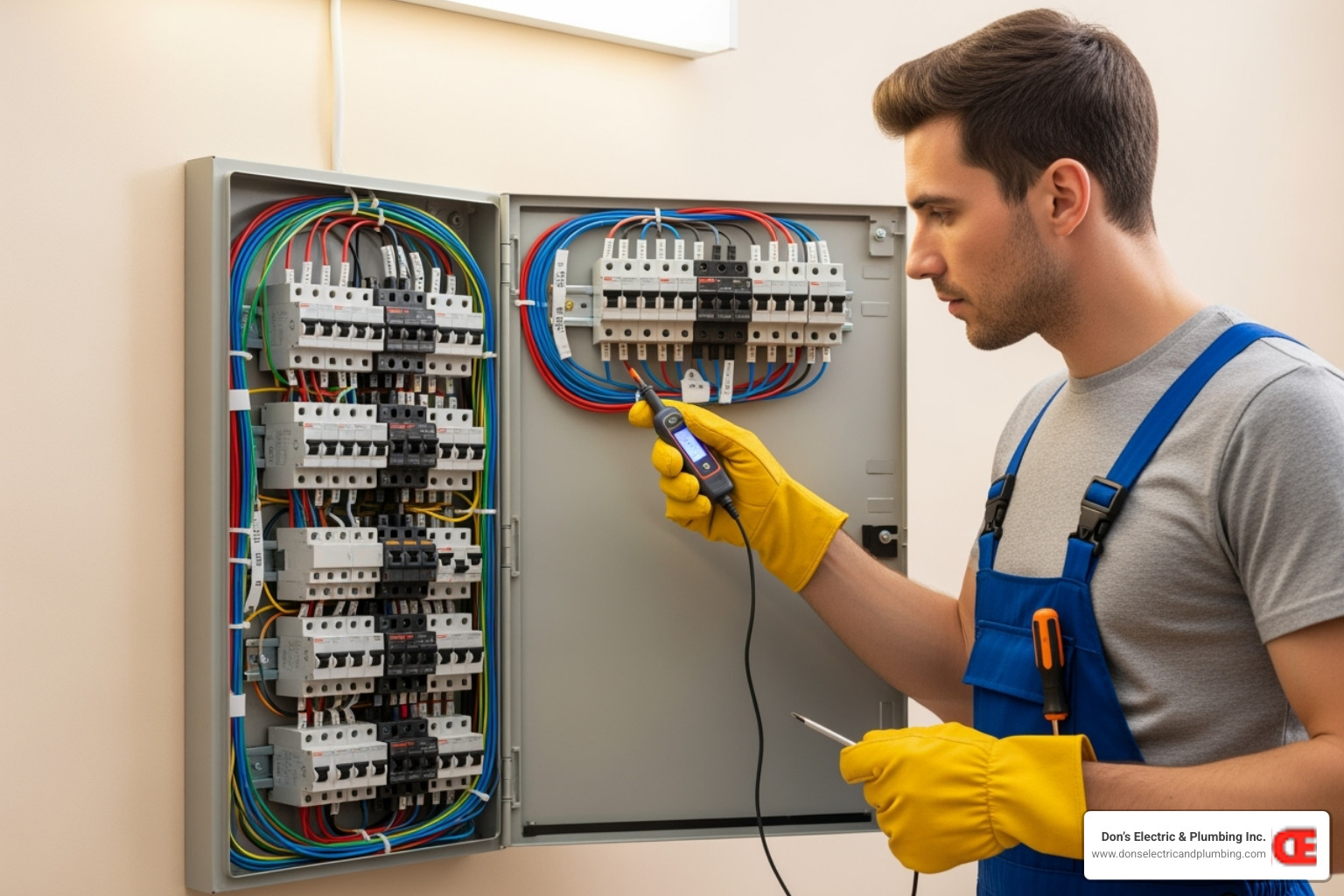 An electrician carefully inspecting the interior of an open residential circuit breaker panel, with various wires and circuit breakers visible and the electrician wearing safety gloves - electrical maintenance palatine An electrician carefully inspecting the interior of an open residential circuit breaker panel, with various wires and circuit breakers visible and the electrician wearing safety gloves - electrical maintenance palatine