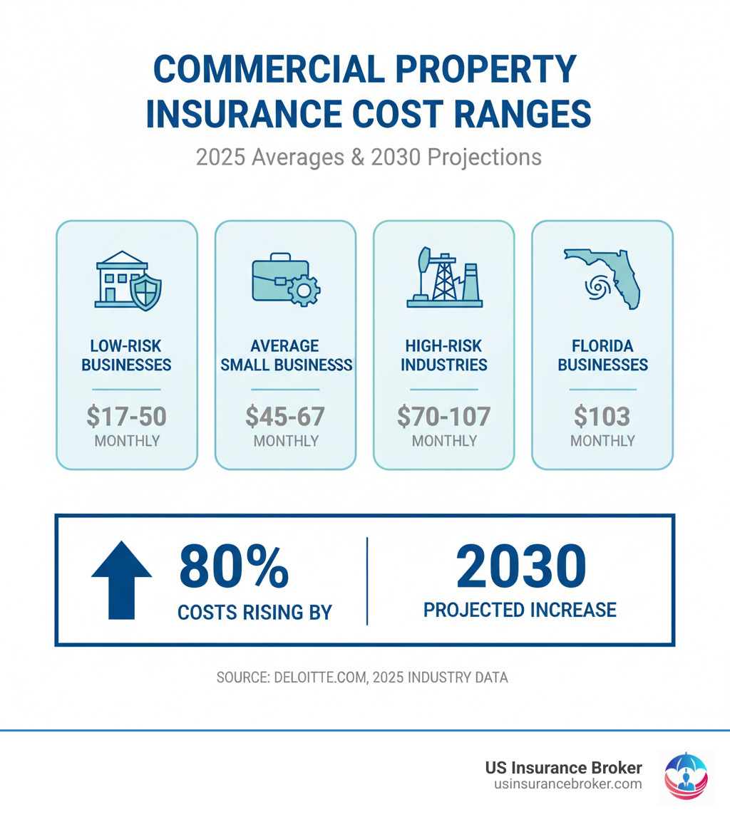 Infographic showing commercial property insurance cost ranges: Low-risk businesses $17-50 monthly, Average small businesses $45-67 monthly, High-risk industries $70-107 monthly, Florida businesses averaging $103 monthly, with projections showing costs rising 80% by 2030 - commercial property insurance cost infographic 