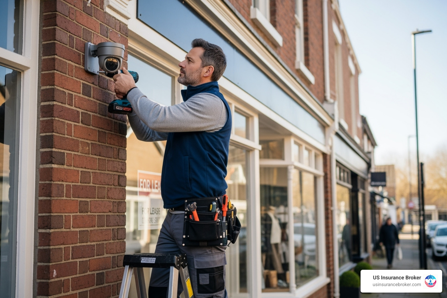 Business owner installing a security camera - commercial property insurance cost