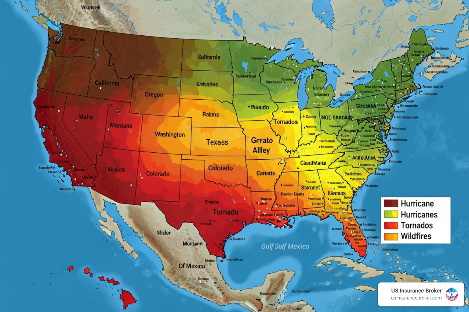 Map showing high-risk weather zones in the US - commercial property insurance cost
