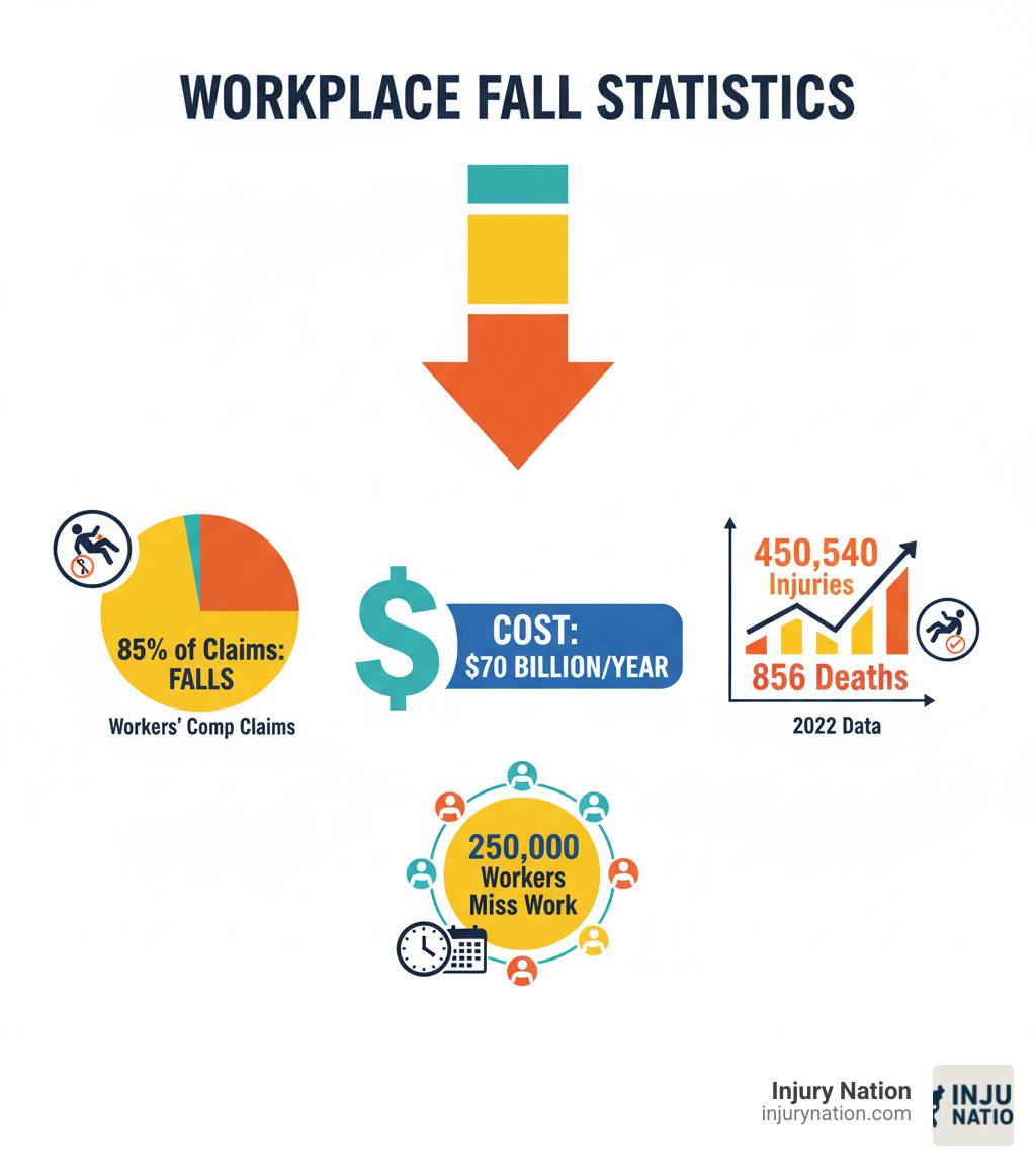 Infographic showing workplace fall statistics: 85% of workers' comp claims are falls, costing $70 billion annually, with 450,540 injuries and 856 deaths in 2022, affecting 250,000 workers who miss work time - fall at work attorney infographic 