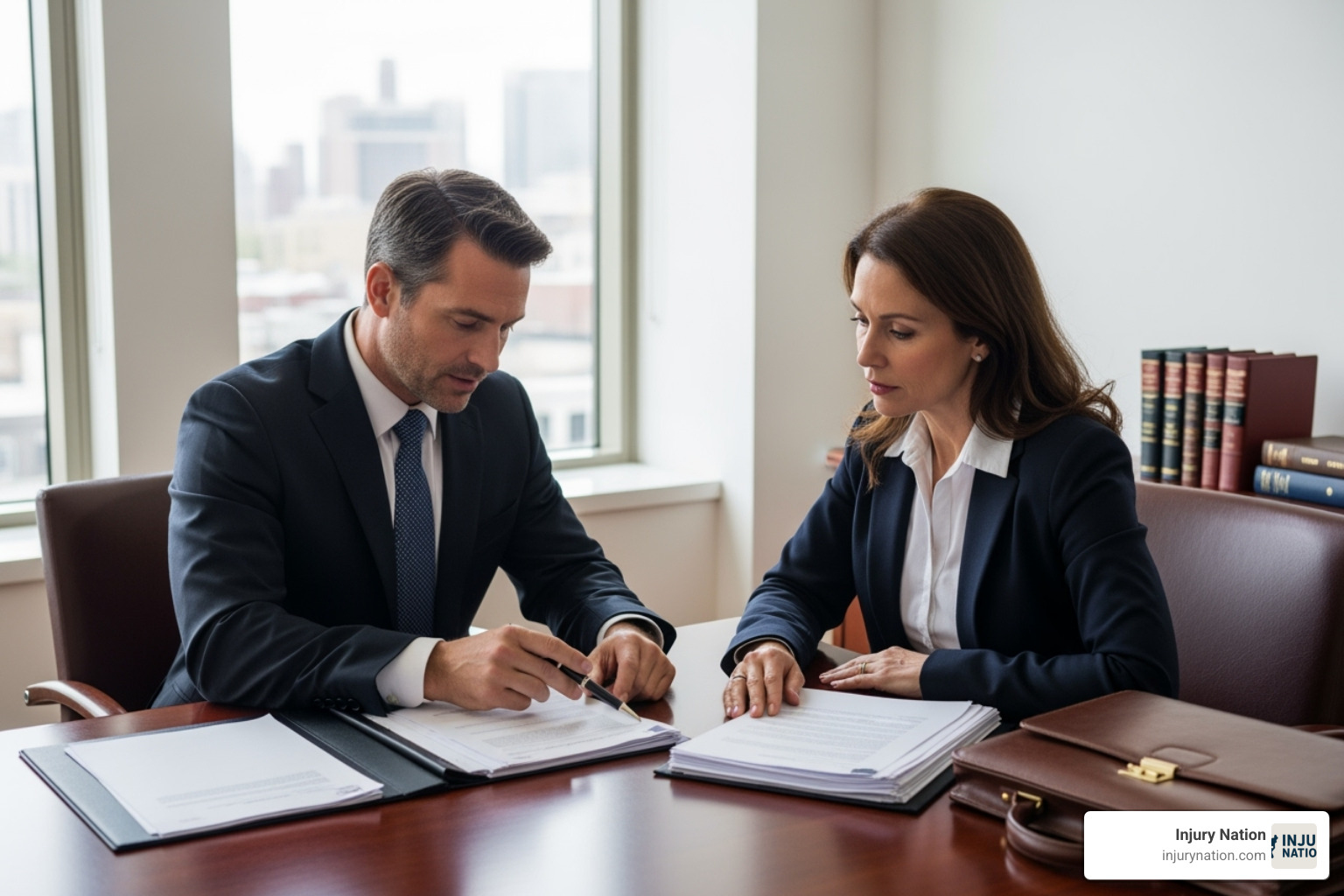 An attorney in a meeting with a client, reviewing documents - fall at work attorney