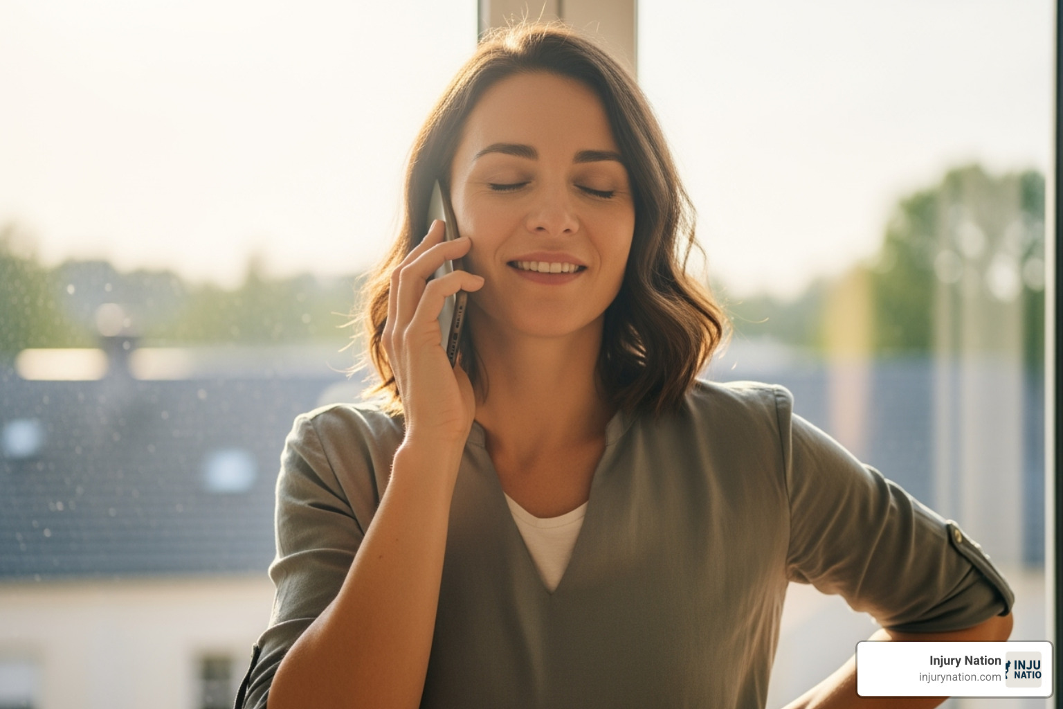 A person talking on the phone with a lawyer, looking relieved - fall at work attorney