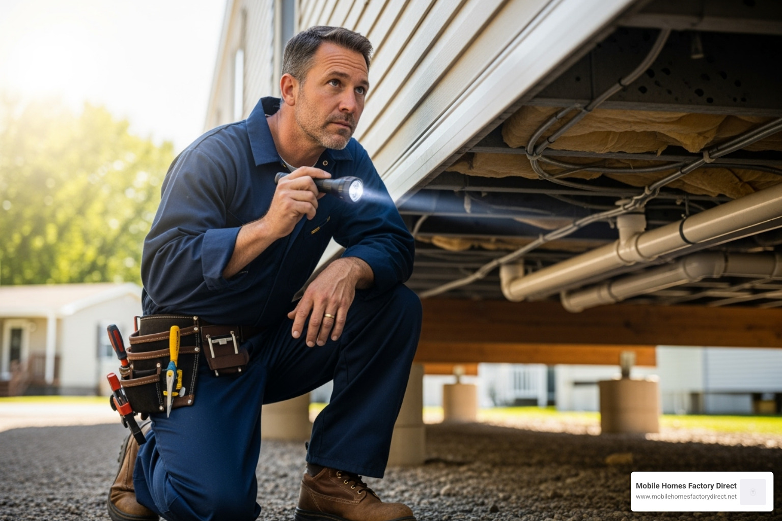 person inspecting underside of a mobile home - used 3 bedroom mobile homes for sale person inspecting underside of a mobile home - used 3 bedroom mobile homes for sale