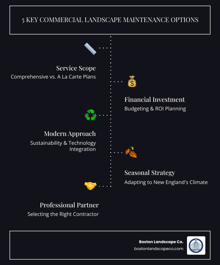 Infographic showing the five main commercial landscape maintenance options: comprehensive vs a la carte services, financial investment and ROI planning, sustainable technology solutions, seasonal New England climate strategies, and professional partner selection criteria - Commercial Landscape Maintenance Services infographic infographic-line-5-steps-dark