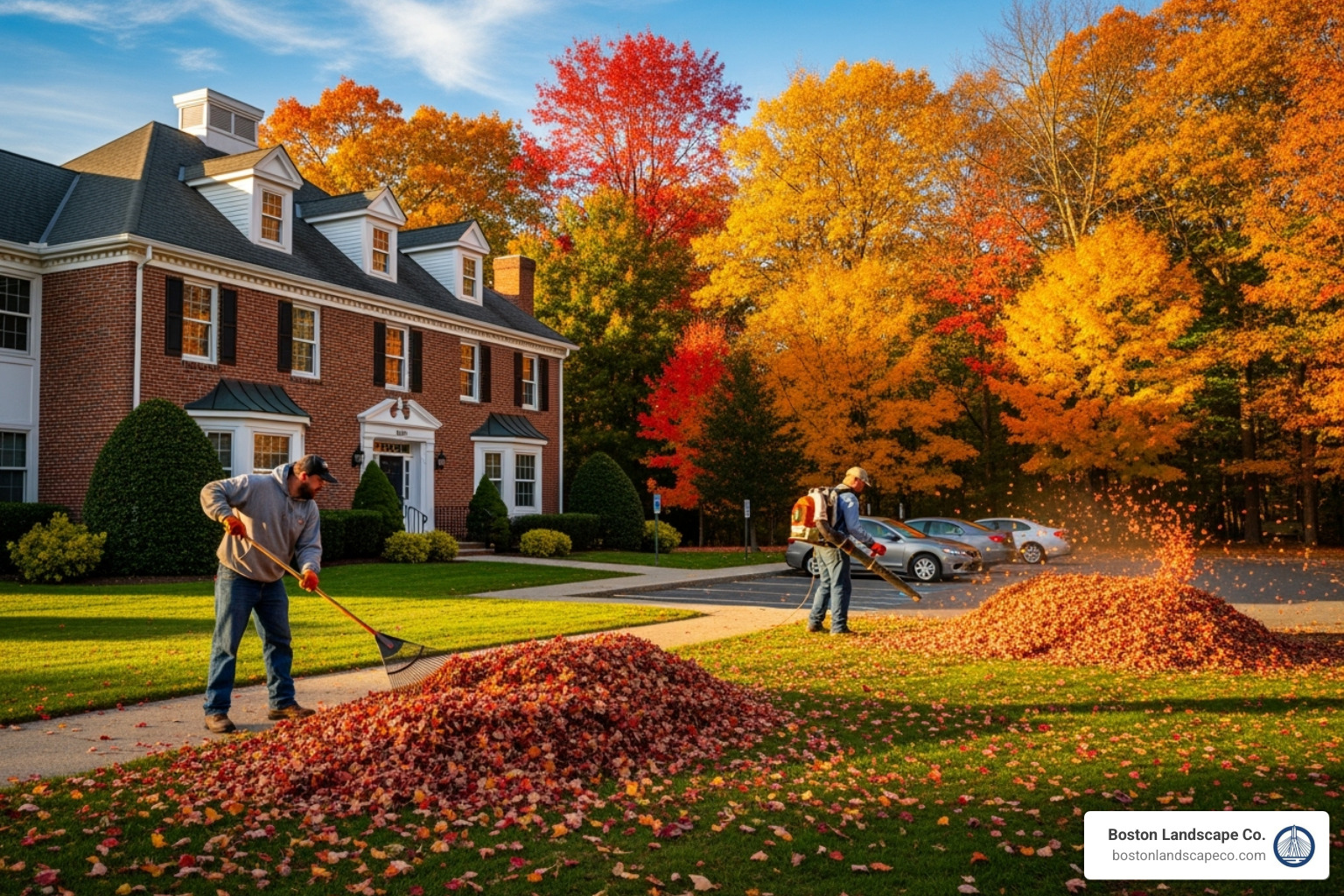 New England commercial property during a fall cleanup - Commercial Landscape Maintenance