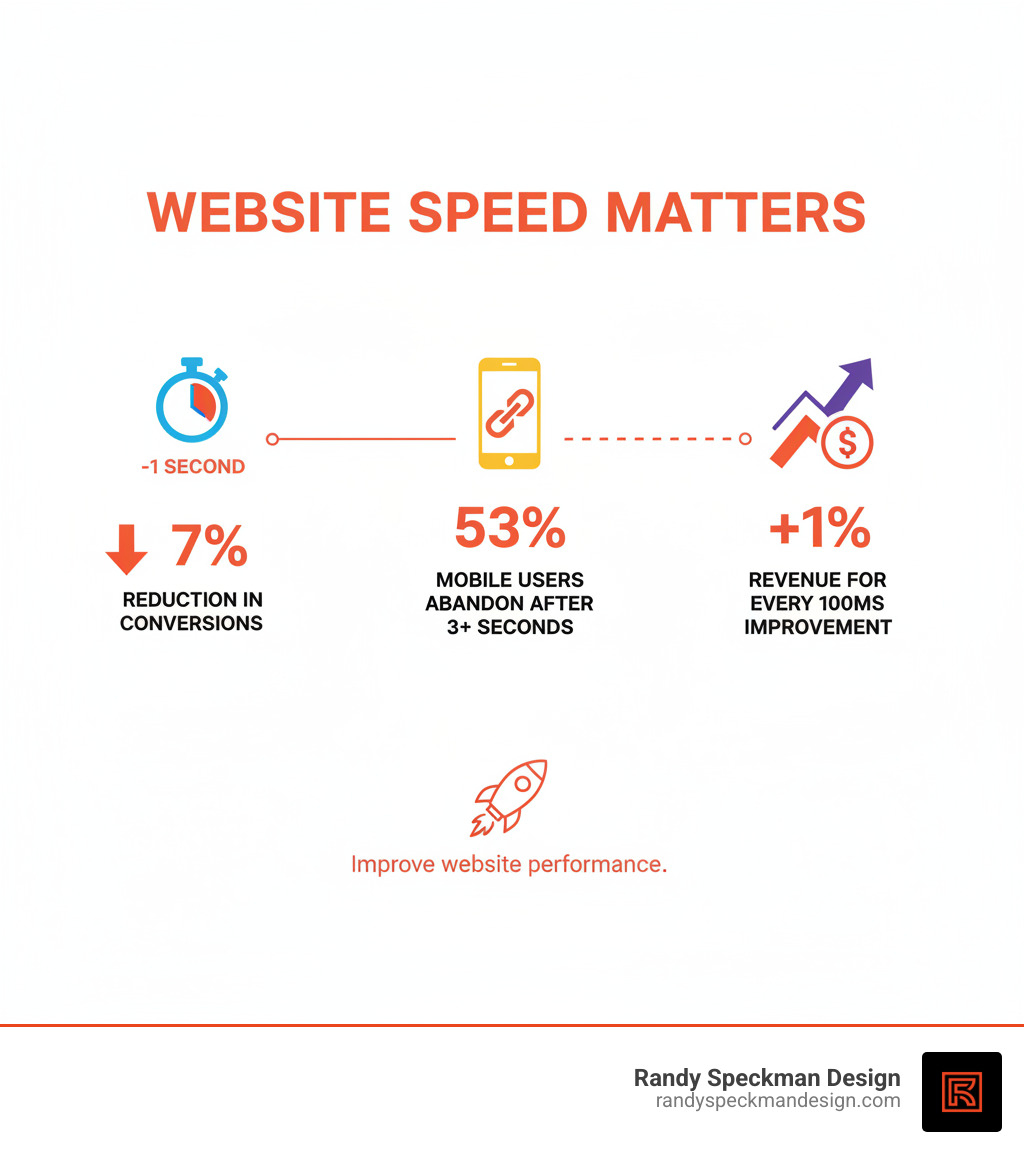 Infographic showing website performance impact: 1-second delay causes 7% reduction in conversions, 53% of mobile users abandon sites that take 3+ seconds to load, and every 100ms improvement can increase revenue by 1% - Improve website performance infographic 