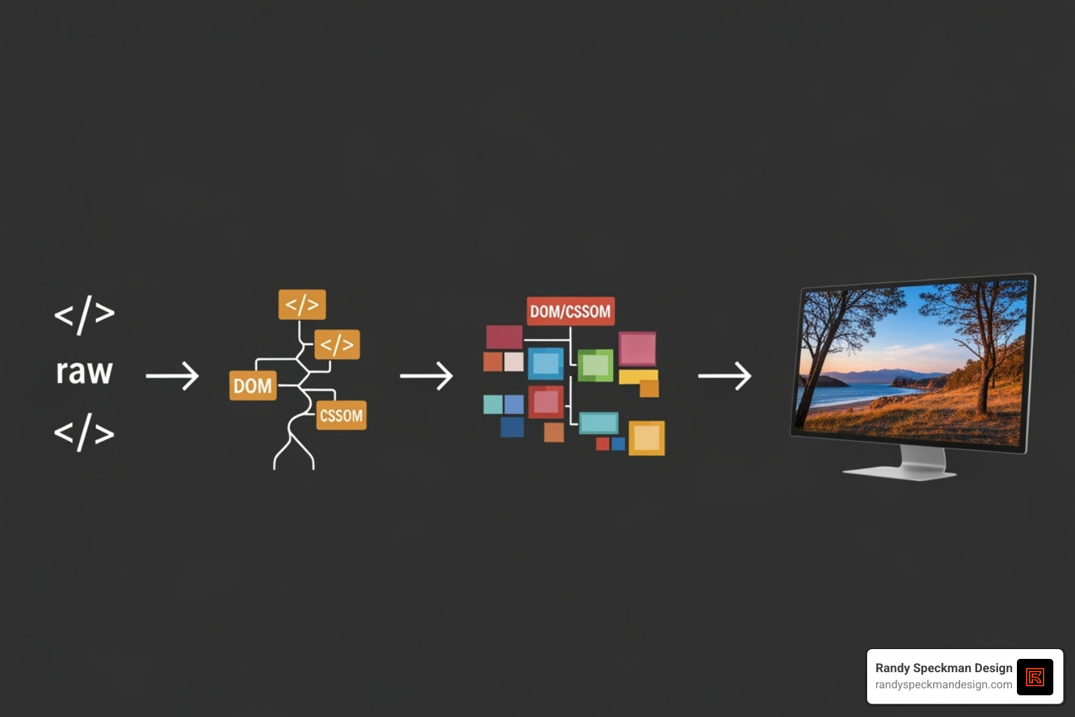 Simplified diagram showing the critical rendering path: DOM, CSSOM, Render Tree, Layout, Paint - Improve website performance