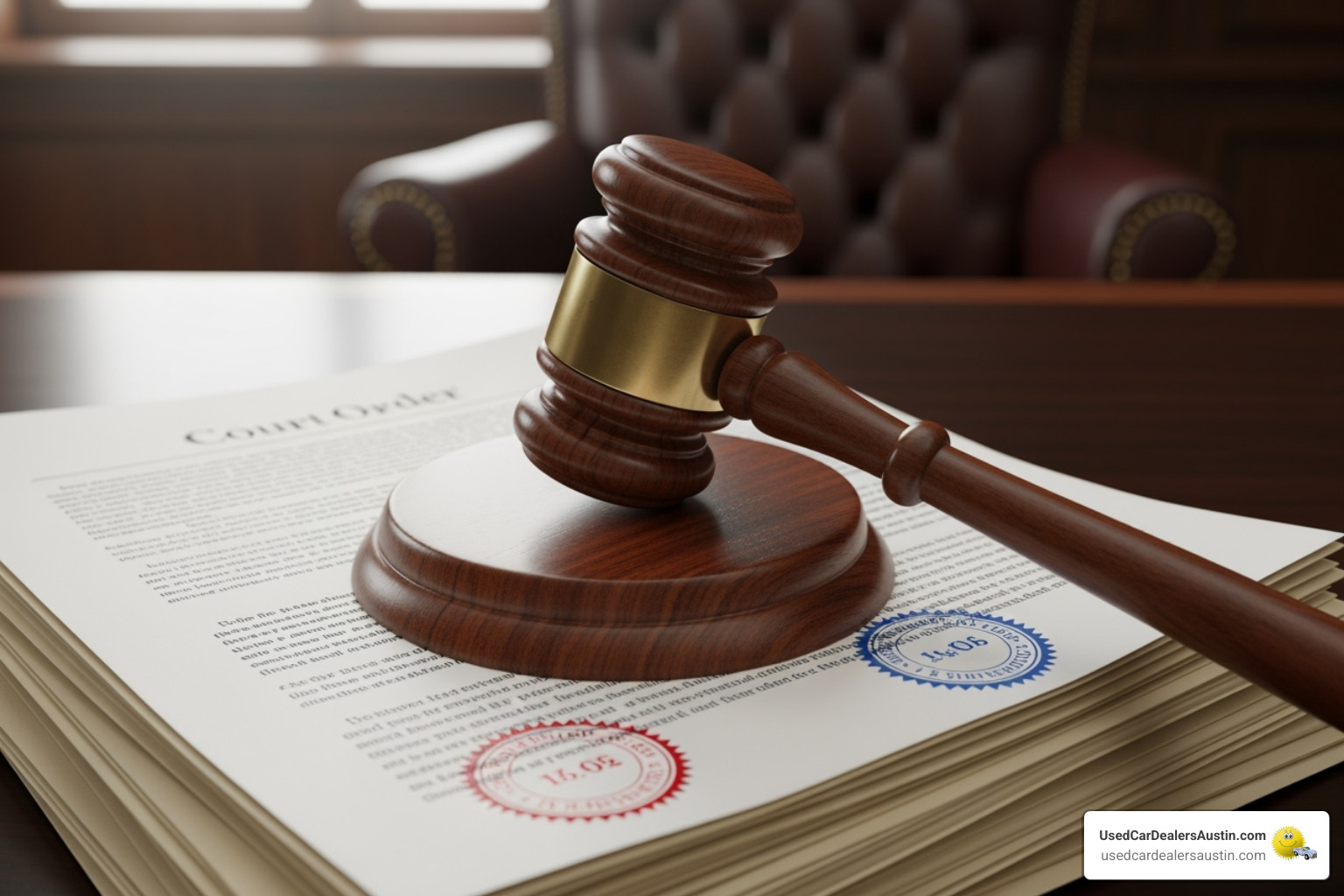 A gavel and legal documents to represent divorce and inheritance - Gift car title Texas