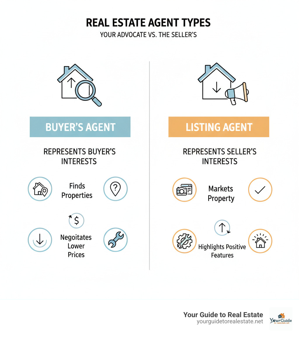 Infographic showing the key differences between a buyer's agent who represents the buyer's interests with duties including finding properties, negotiating lower prices, and identifying issues, versus a listing agent who represents the seller's interests with duties including marketing the property, negotiating higher prices, and highlighting positive features - how to find the best buyers agent infographic 
