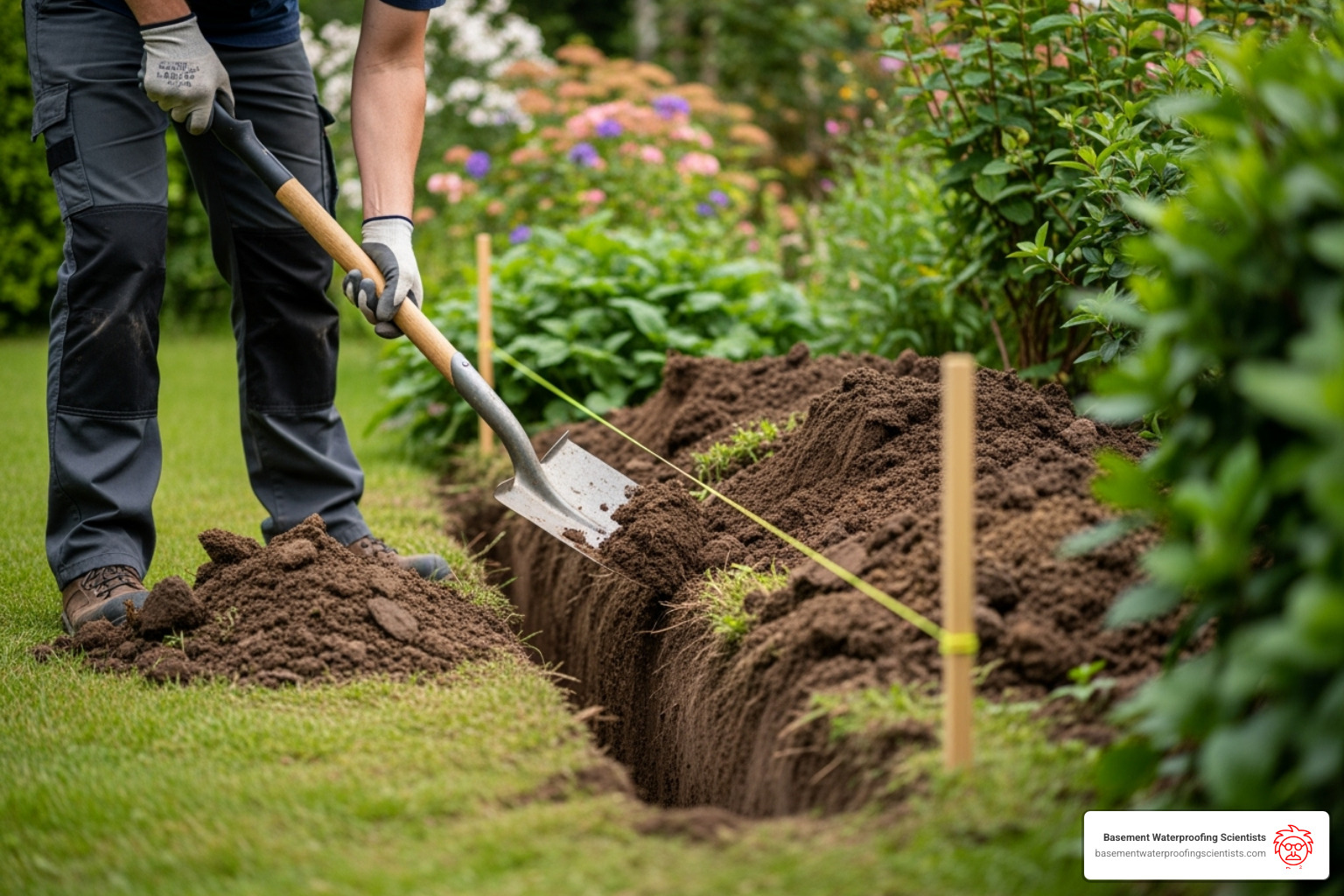 Person digging a sloped trench with a string line guide - installing drain tile for gutters
