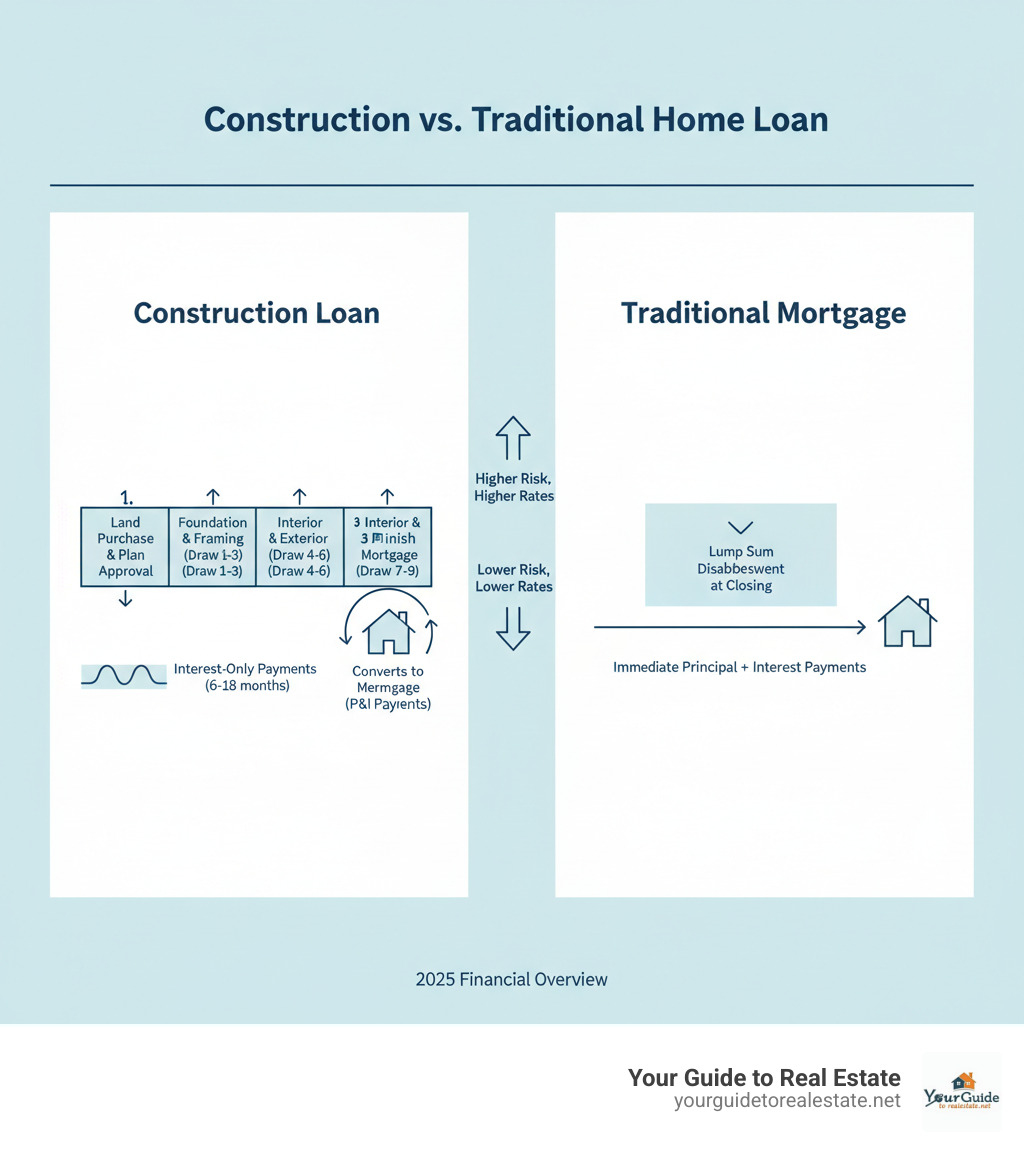 Detailed infographic showing construction loan process with draw schedule timeline, interest-only payment structure during construction phase, and conversion to permanent mortgage, compared side-by-side with traditional mortgage lump sum disbursement and immediate principal plus interest payments - construction loan interest rates infographic 