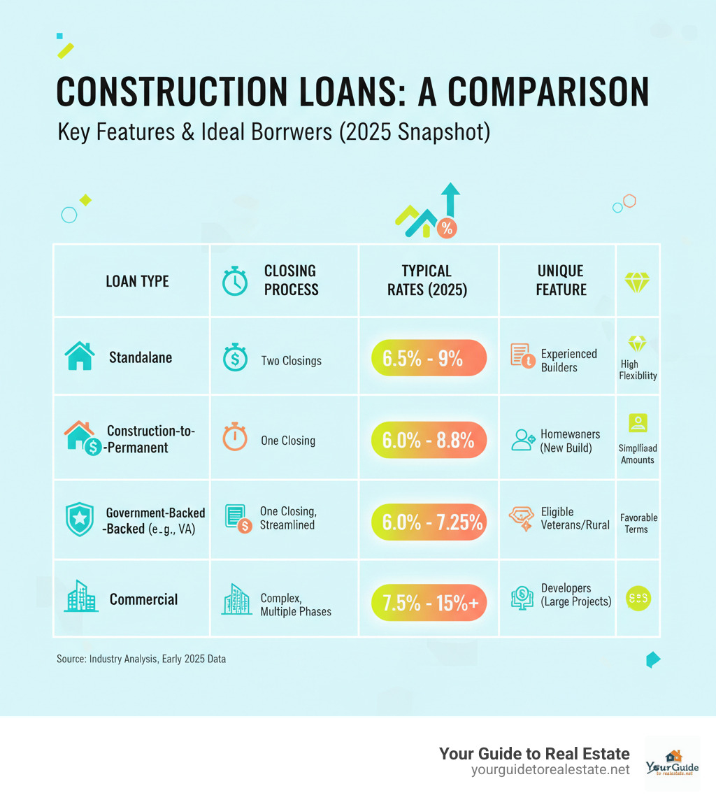 Table comparing Standalone, Construction-to-Permanent, Government-Backed, and Commercial loans on key features like closing process, typical rates, and ideal borrower - construction loan interest rates infographic 