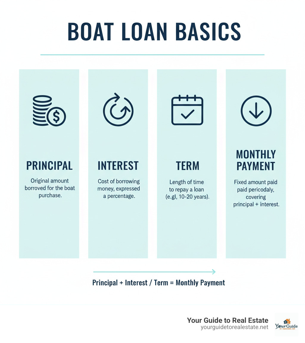 Infographic explaining the basic components of a boat loan: principal, interest, term, and monthly payment. - boat loan interest rates infographic 