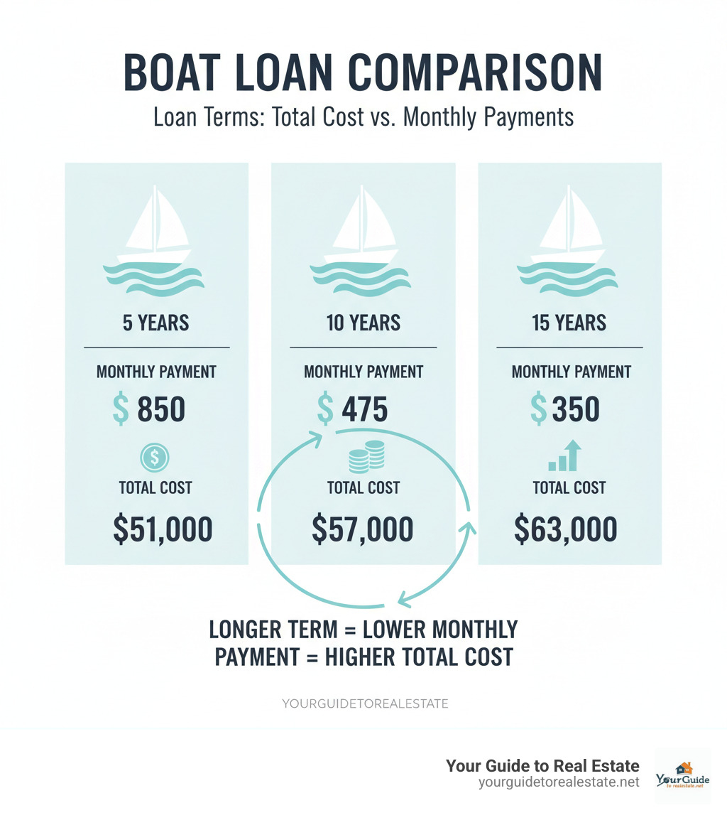 Infographic showing a comparison chart of loan terms and their impact on total cost and monthly payments - boat loan interest rates infographic 