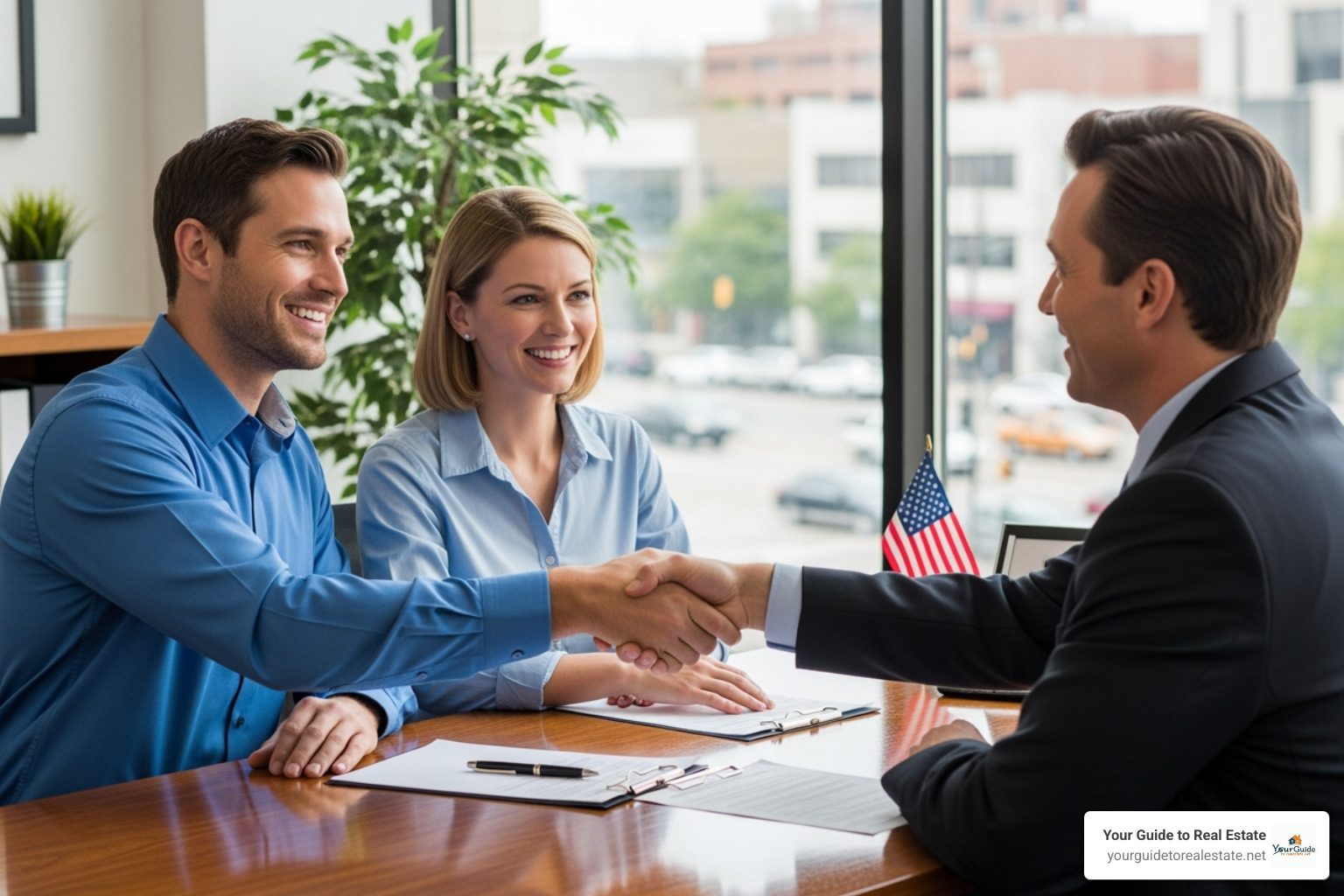 A couple smiling and shaking hands with a loan officer - construction loan interest rates