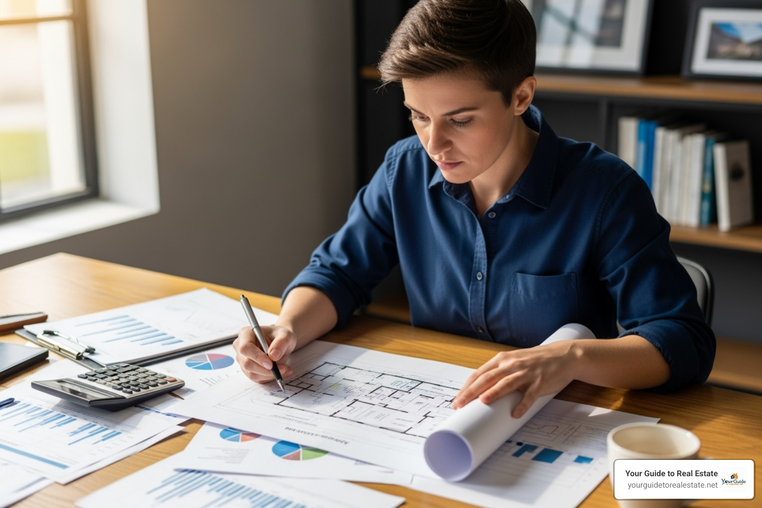 Person reviewing financial documents and blueprints on a desk - construction loan interest rates