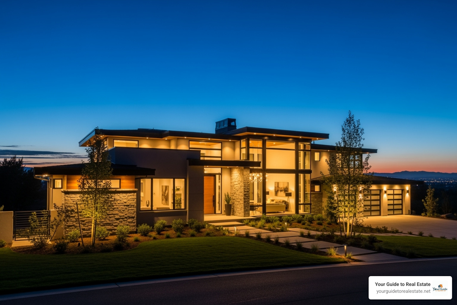 Newly finished custom home at dusk with lights on - construction loan interest rates