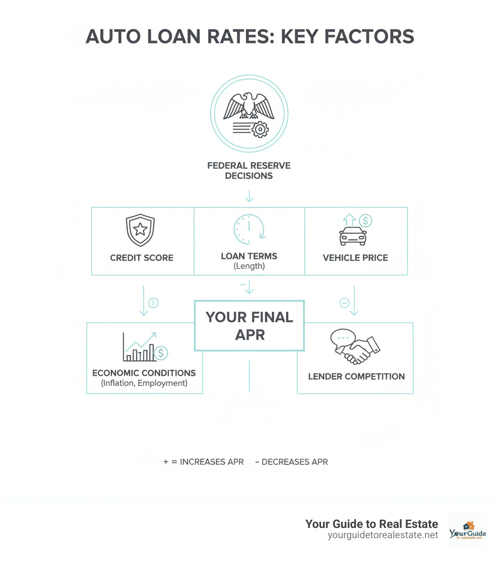 Infographic showing the key factors that influence auto loan rates: Federal Reserve decisions at the top, followed by credit scores, loan terms, vehicle prices, economic conditions like inflation and employment, and lender competition at the bottom, with arrows showing how each factor impacts your final APR - when will car interest rates go down infographic 