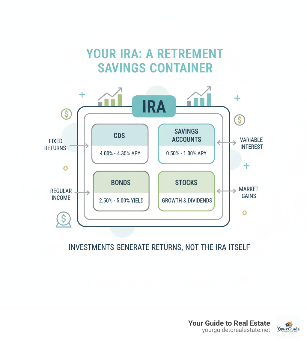 Detailed infographic showing an IRA as a container holding various investment types including CDs with interest rates, savings accounts, bonds, and stocks, with arrows pointing to their respective return types - ira interest rates infographic 