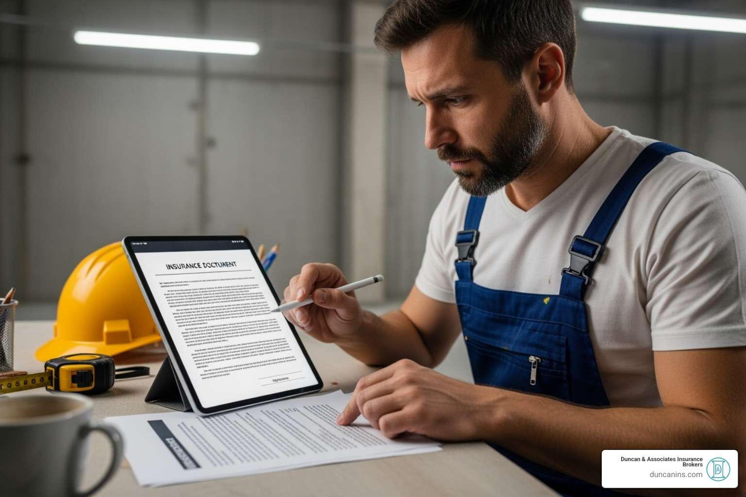 a painter reviewing insurance documents on a tablet - painting contractor insurance cost