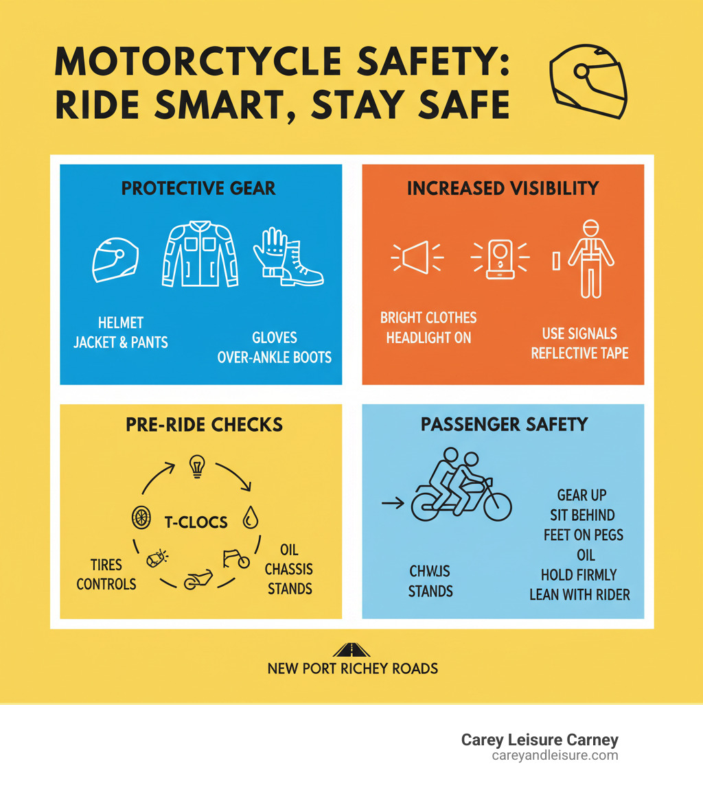 Infographic detailing motorcycle safety tips including helmet use, protective gear, increasing visibility, and defensive riding strategies - motorcycle accident New Port Richey infographic Infographic detailing motorcycle safety tips including helmet use, protective gear, increasing visibility, and defensive riding strategies - motorcycle accident New Port Richey infographic