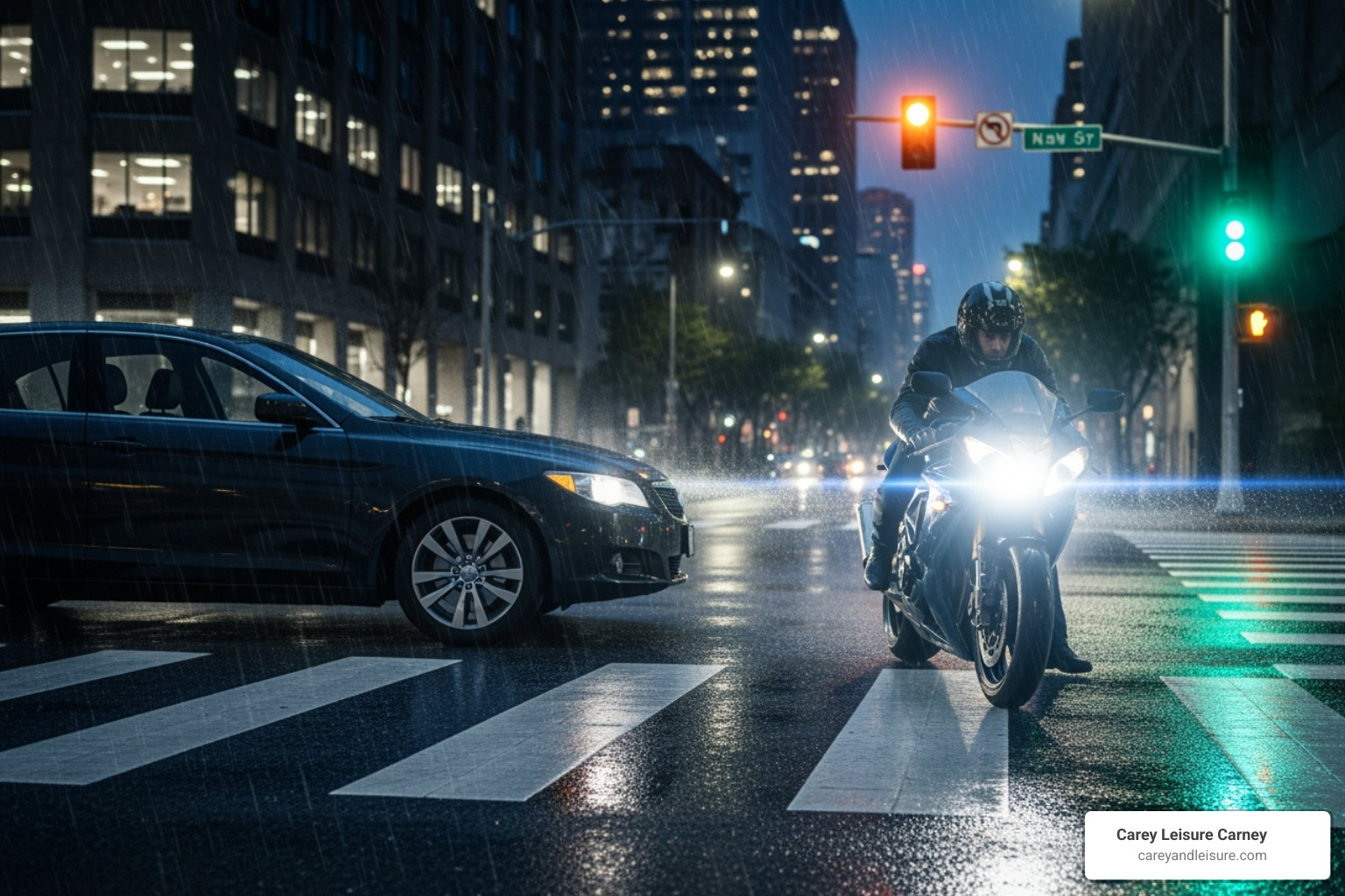 Image illustrating a common accident scenario, like a car failing to see a motorcycle before a left turn - motorcycle accident New Port Richey Image illustrating a common accident scenario, like a car failing to see a motorcycle before a left turn - motorcycle accident New Port Richey