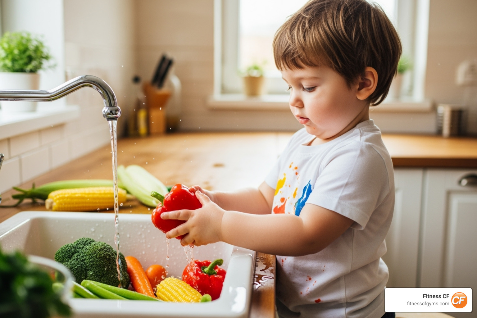 a young child helping to wash vegetables in a sink - diet tips for picky eaters