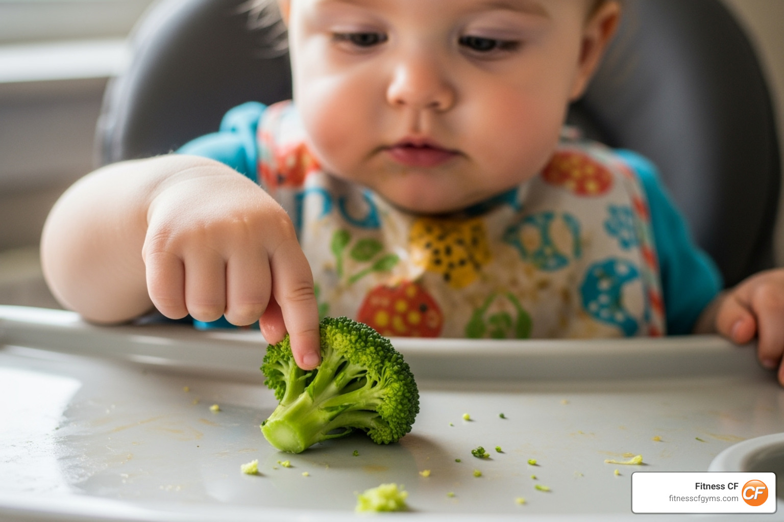 a toddler curiously poking a piece of broccoli on their high chair tray - diet tips for picky eaters