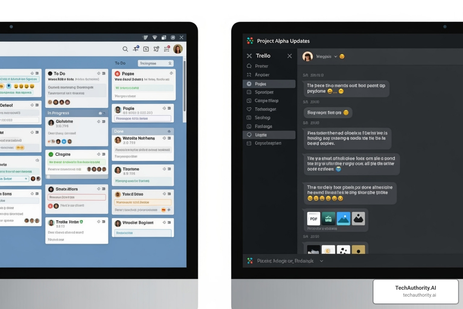 A split image showing a Trello board on the left with various task cards and lists, and a Slack channel on the right displaying team conversations and file sharing - virtual assistants tools and free resources A split image showing a Trello board on the left with various task cards and lists, and a Slack channel on the right displaying team conversations and file sharing - virtual assistants tools and free resources
