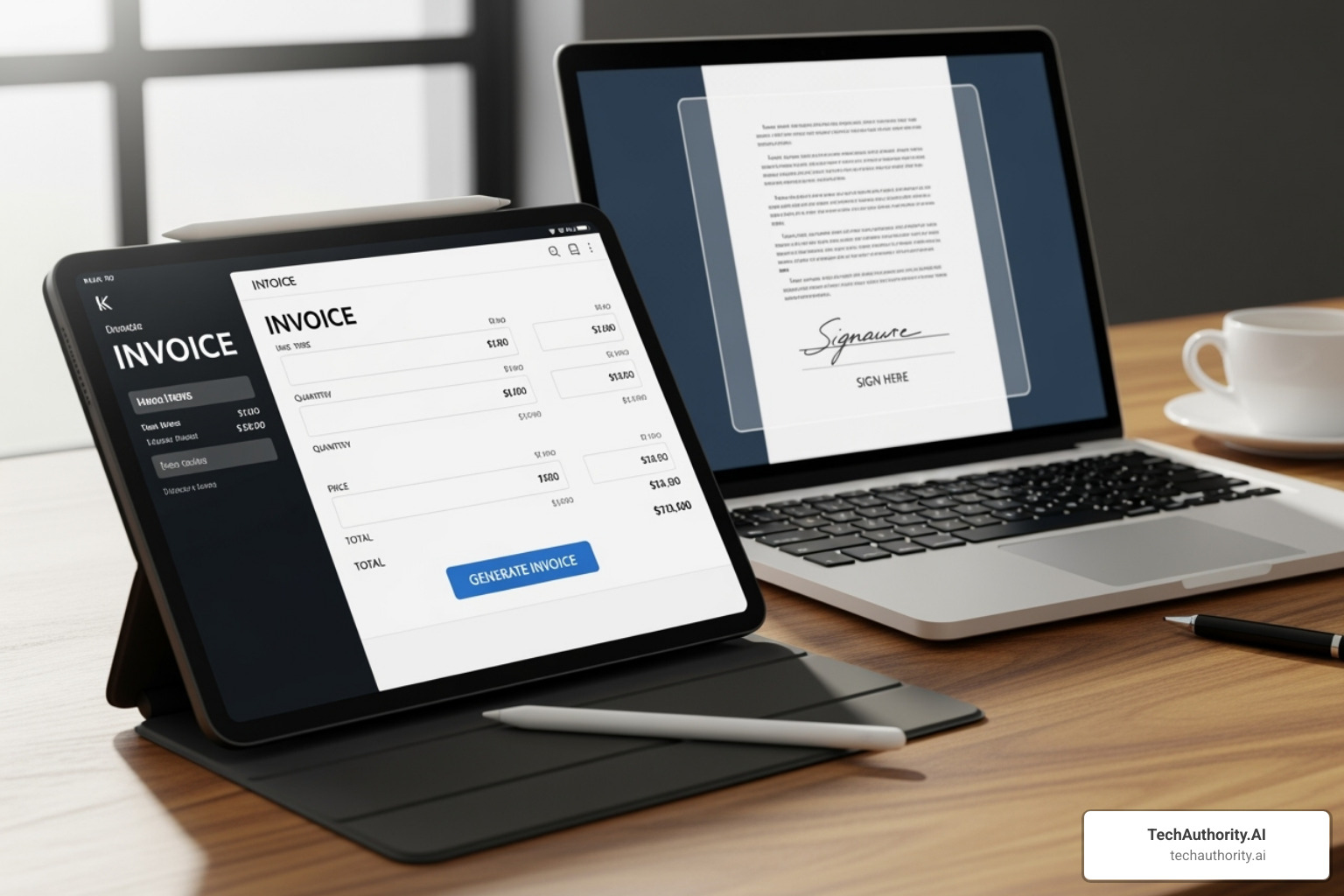 An image depicting a digital invoice being generated on a tablet alongside a document on a laptop screen with a digital signature field, illustrating free invoicing and e-signature tools - virtual assistants tools and free resources An image depicting a digital invoice being generated on a tablet alongside a document on a laptop screen with a digital signature field, illustrating free invoicing and e-signature tools - virtual assistants tools and free resources