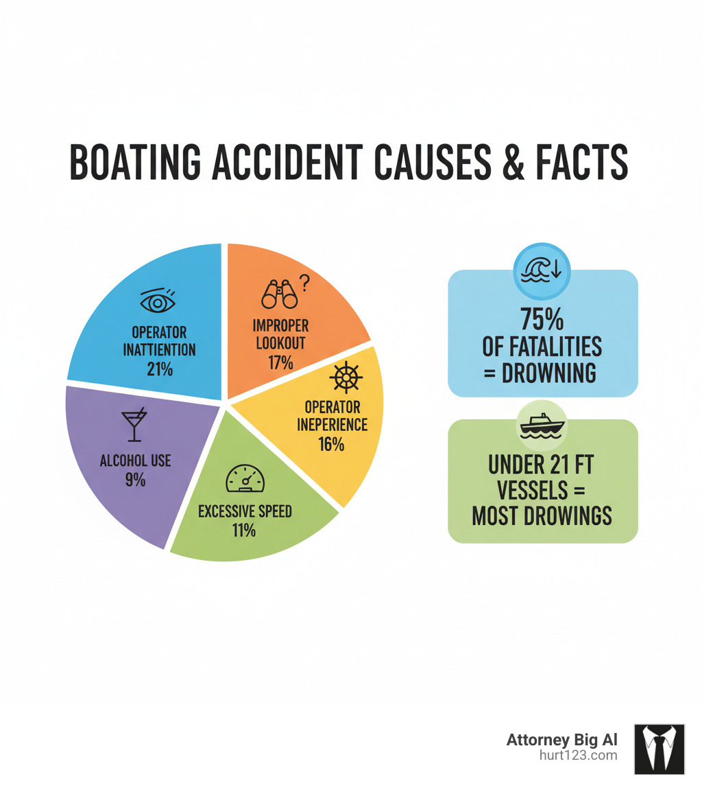 Infographic showing the top 5 causes of boating accidents: operator inattention (21%), improper lookout (17%), operator inexperience (16%), excessive speed (11%), and alcohol use (9%), along with key statistics including that 75% of boating fatalities involve drowning and vessels under 21 feet are involved in most drowning cases - boating accident lawyer infographic 