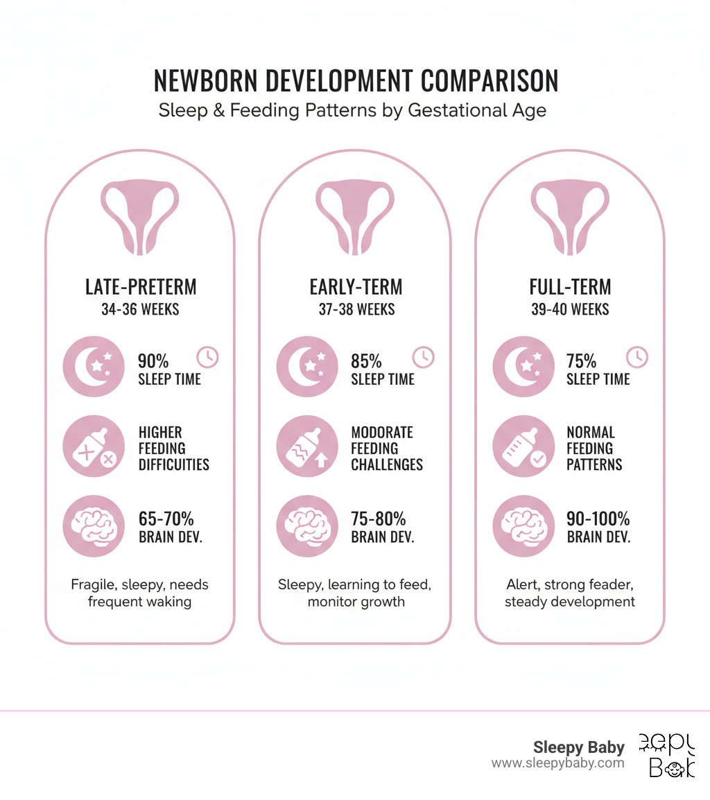 Infographic showing comparison of late-preterm babies (34-36 weeks) with 90% sleep time and higher feeding difficulties, early-term babies (37-38 weeks) with 85% sleep time and moderate feeding challenges, and full-term babies (39-40 weeks) with 75% sleep time and normal feeding patterns, including brain development percentages and key characteristics for each group - are babies born at 37 weeks more sleepy infographic  Infographic showing comparison of late-preterm babies (34-36 weeks) with 90% sleep time and higher feeding difficulties, early-term babies (37-38 weeks) with 85% sleep time and moderate feeding challenges, and full-term babies (39-40 weeks) with 75% sleep time and normal feeding patterns, including brain development percentages and key characteristics for each group - are babies born at 37 weeks more sleepy infographic