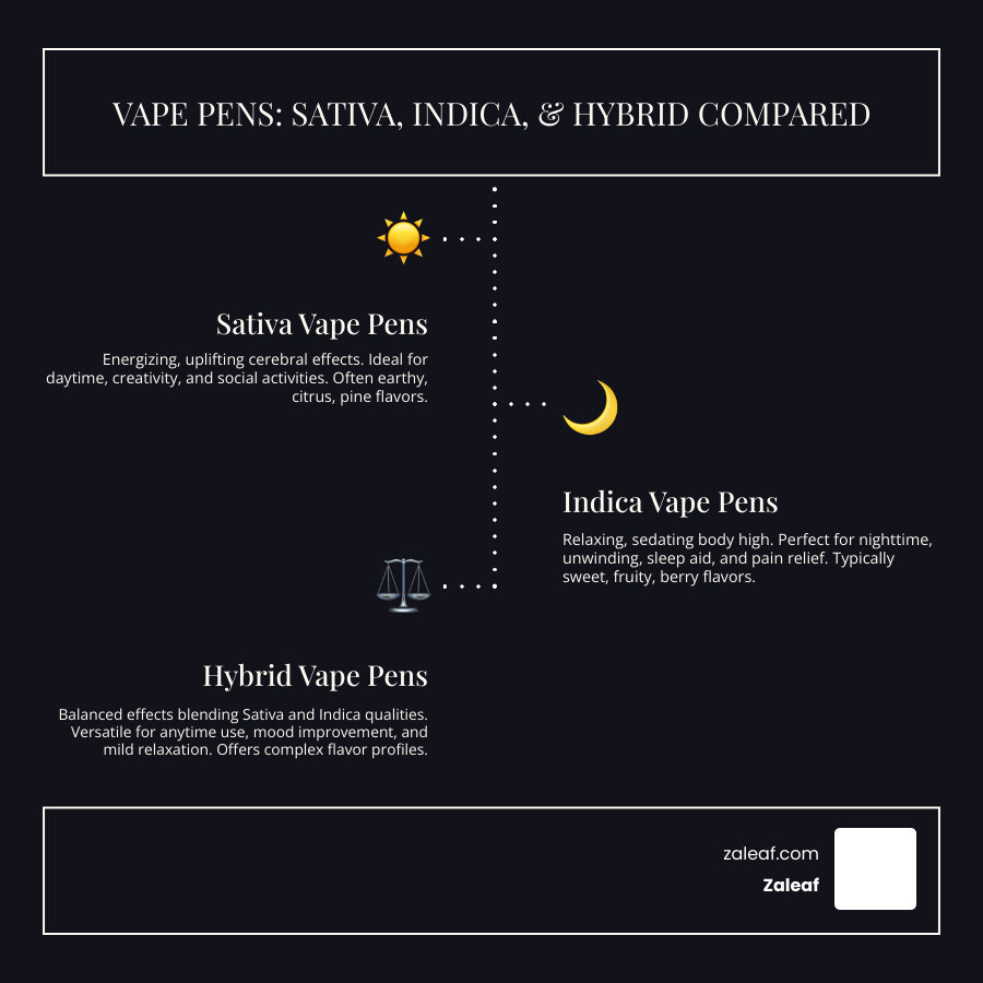 Comprehensive comparison infographic showing Sativa vape pens producing energizing cerebral effects with citrus and pine flavors, Indica vape pens delivering relaxing body effects with sweet fruity flavors, and Hybrid vape pens offering balanced versatile effects with complex flavor blends, including optimal usage times and common strain examples - what are the differences in vape pens sativa indica hybrid infographic infographic-line-3-steps-dark