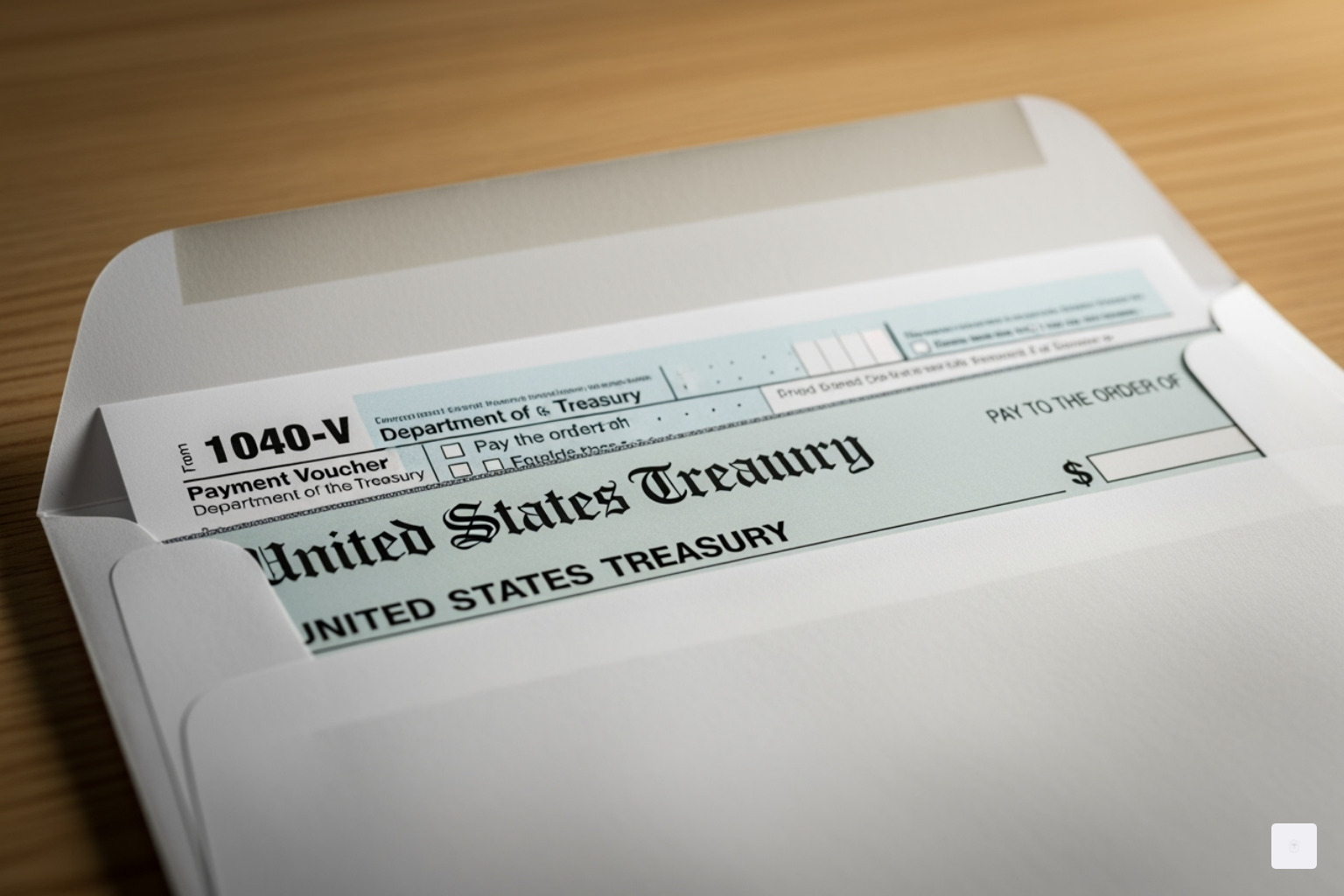 Image of an envelope addressed to the IRS with a check and Form 1040-V visible inside - where to send form 1040