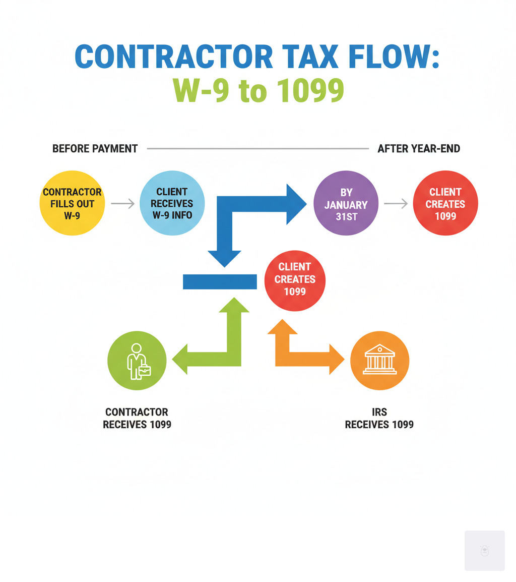 Infographic showing the flow from contractor filling out W-9 form to client using that information to create 1099 form, which then goes to both contractor and IRS, with timeline showing W-9 happens before payment and 1099 happens by January 31st after year-end - 1099 tax form vs w9 infographic 