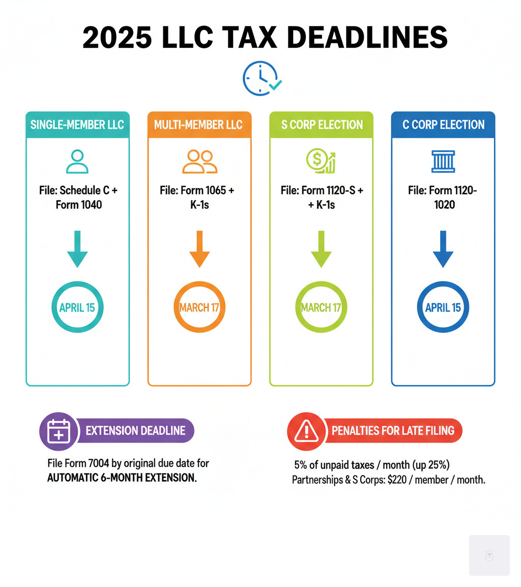 Infographic showing LLC tax return deadlines for 2025: Single-Member LLC filing Schedule C by April 15, Multi-Member LLC filing Form 1065 by March 17, S Corp election filing Form 1120-S by March 17, and C Corp election filing Form 1120 by April 15, with extension deadlines and penalty information - llc tax return deadline infographic 